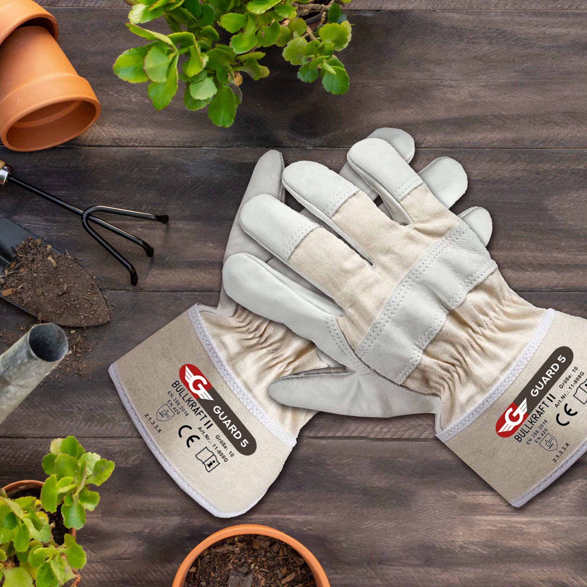 GUARD 5 Leder-Arbeitshandschuhe 3-12 Paar Vollleder Bau und Gartenhandschuhe BULLKRAFT II (Art.11808G) beste Qualität mit einer Materialstärke von ca: 1,3 mm