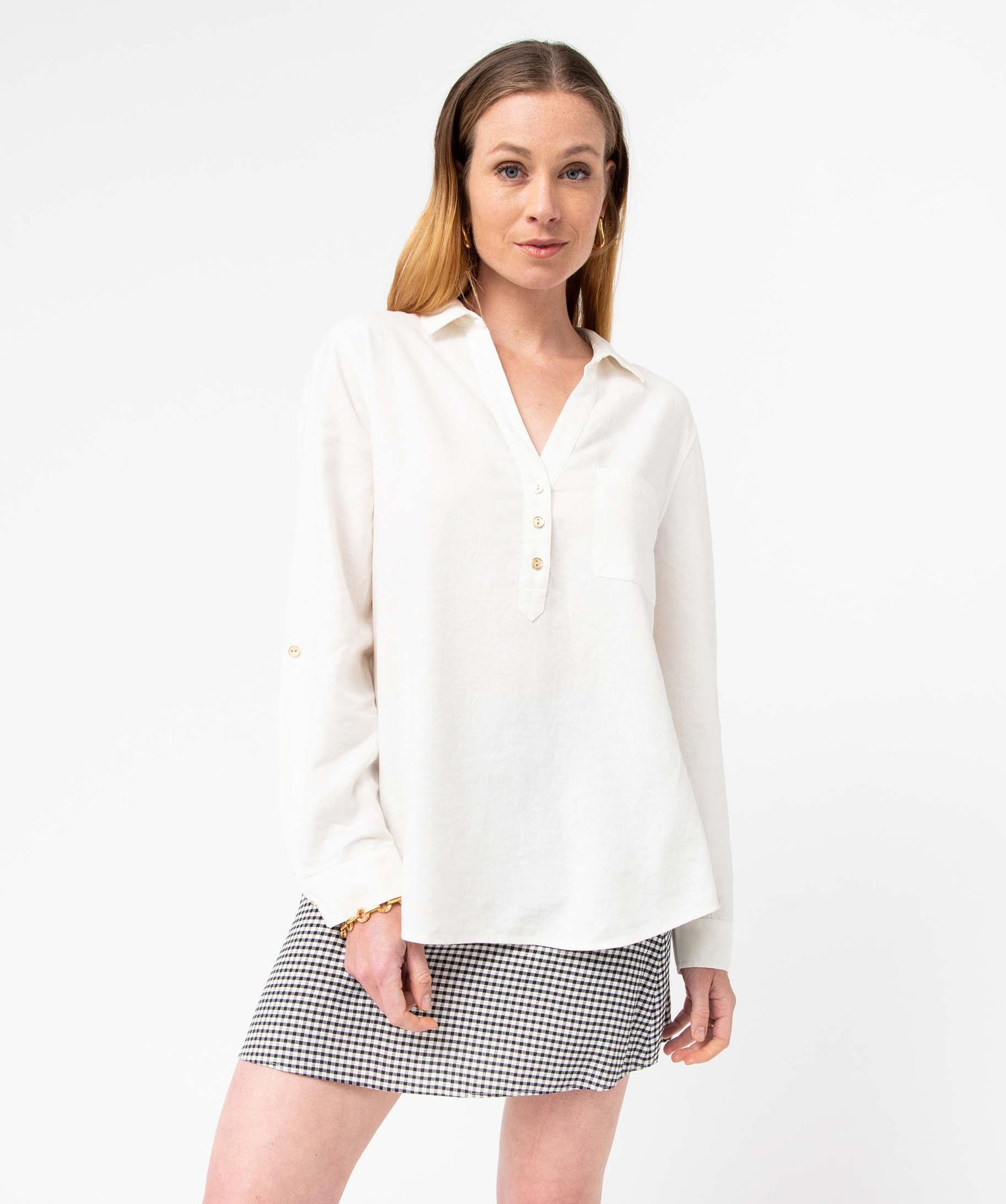 Chemise femme avec col boutonné contenant du lin ecru | GEMO