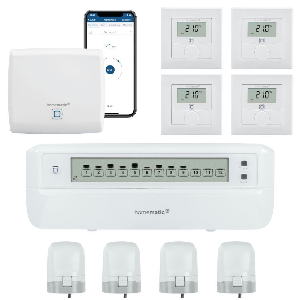 Homematic IP Fußbodenheizungssteuerung motorisch für 4 Räume. Gratis Smartphone App Smart-Home Starter-Set