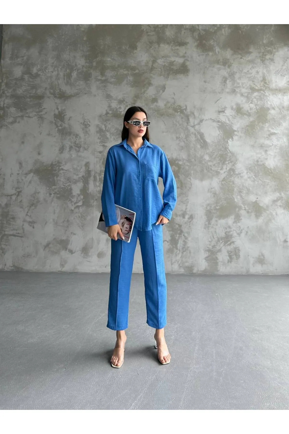 ZF BUTİK  Damen-Set aus doppeltem Leinenhemd, Hose, Unterteil und Oberteil