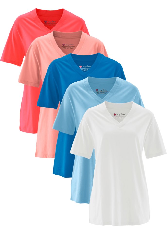 Weites Long-Shirt mit V-Ausschnitt, Kurzarm (5er Pack)