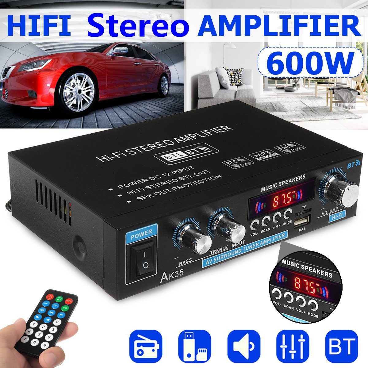 Insma Audioverstärker (2-Kanal 600W Digital Audio bluetooth Verstärker HiFi Stereo Amplifier)