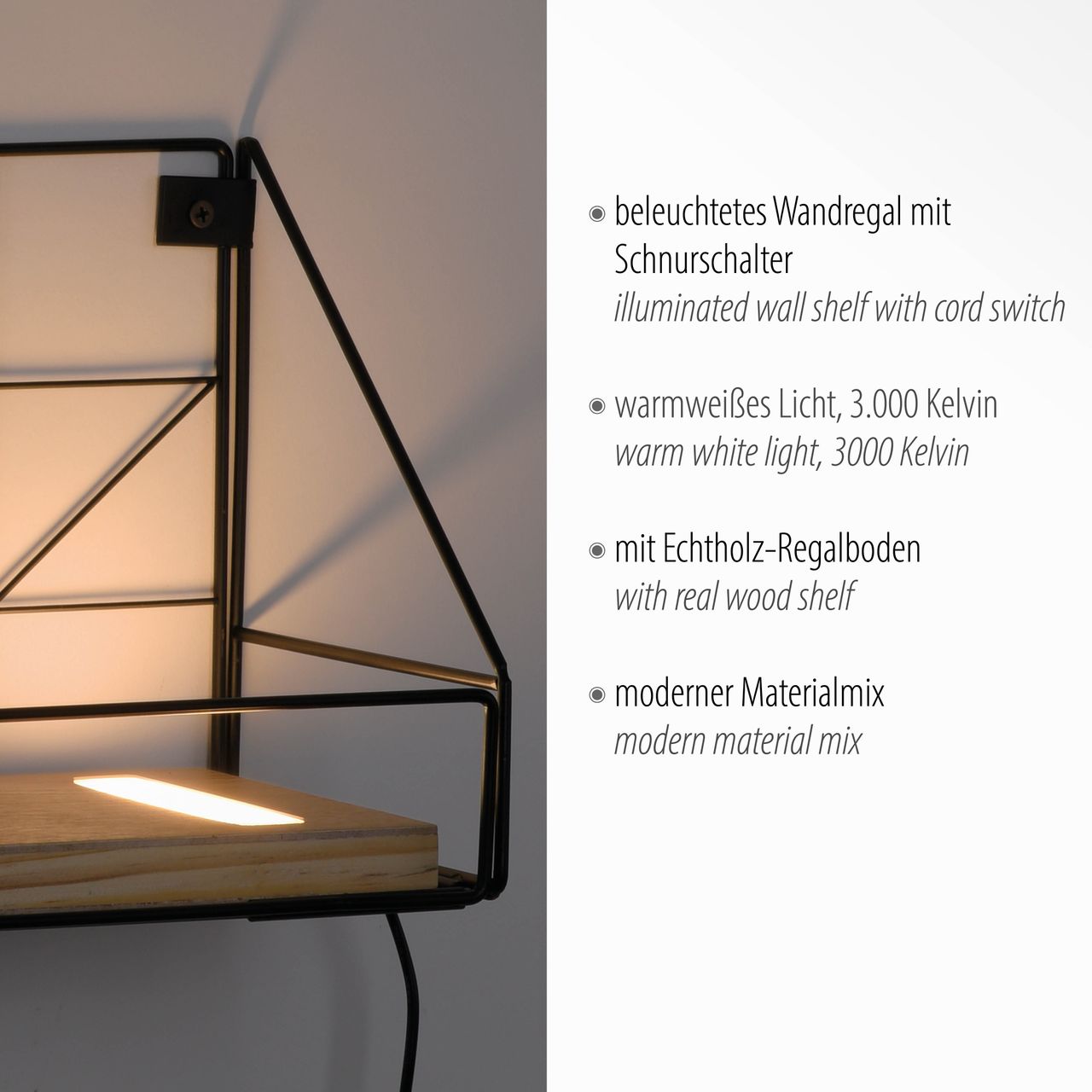 JUST LIGHT LeuchtenDirekt LED Wandleuchte BOARD, mit Ablageboden aus Echtholz, 3000 K, Schnurschalter