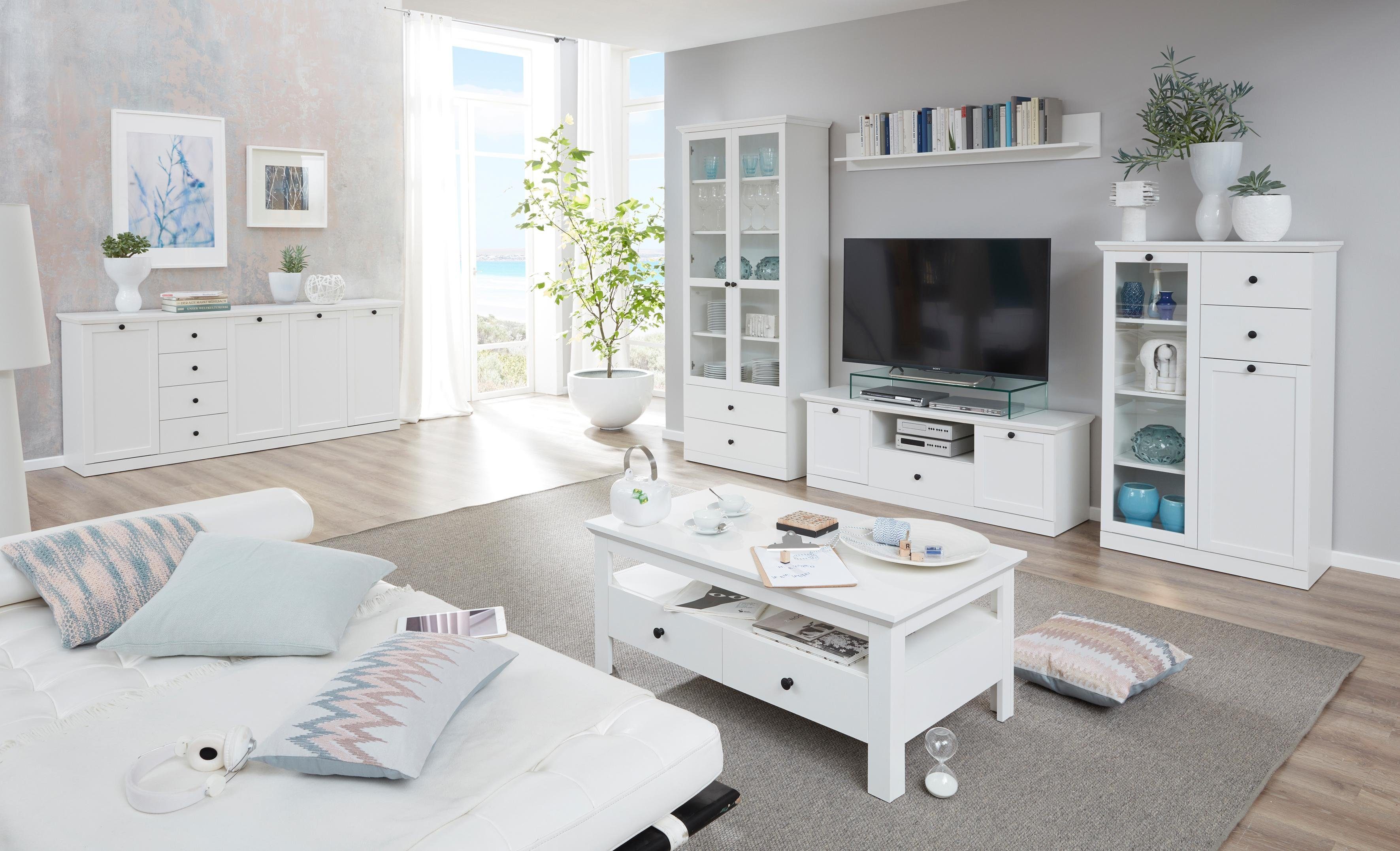 Home affaire Lowboard Örebro, zeitloser Landhausstil, mit Vollauszug, Beleuchtung optional