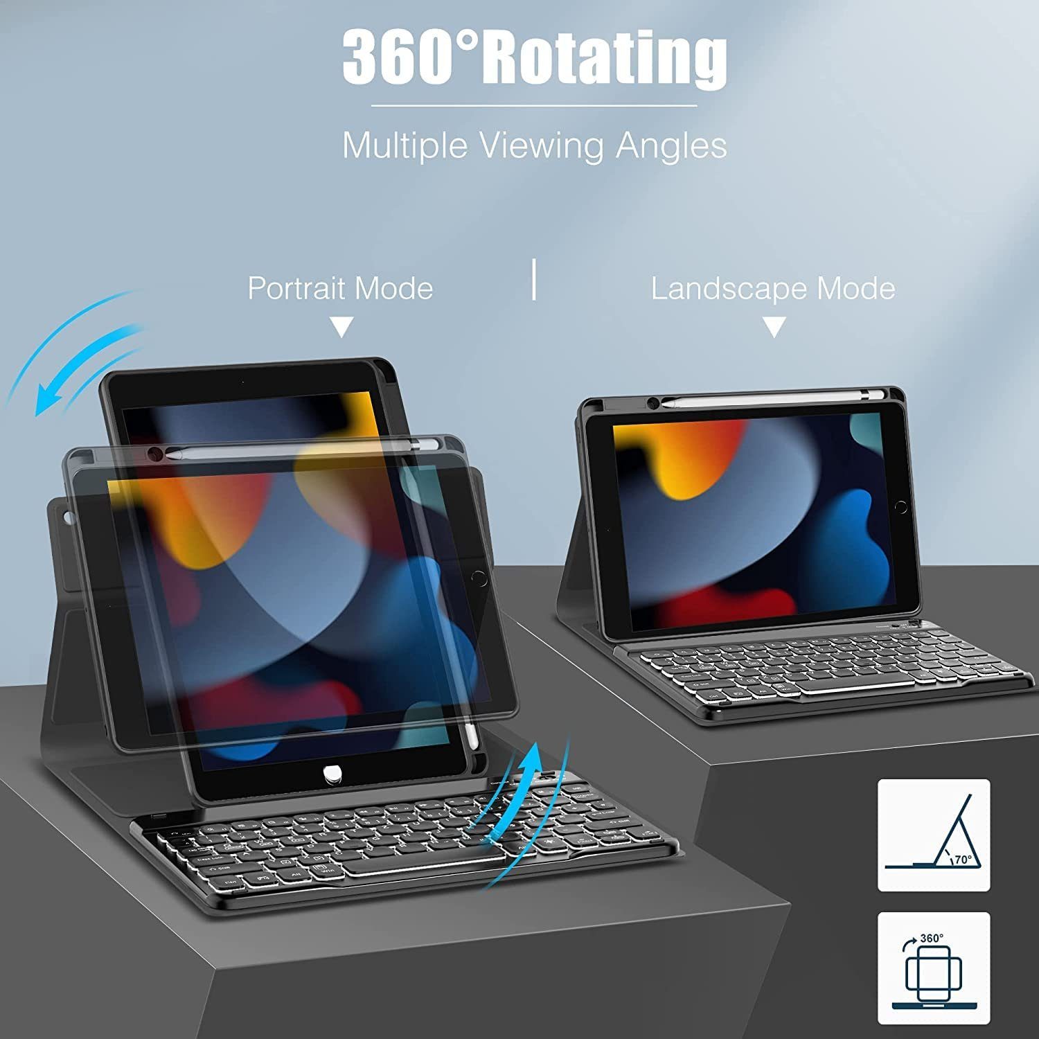 Tisoutec Tastatur Hülle für iPad 9./8./7.Generation,iPad 10,2 Tastatur iPad-Tastatur (Beleuchtete QWERTZ Bluetooth Tastatur Schutzhülle Stifthalter)