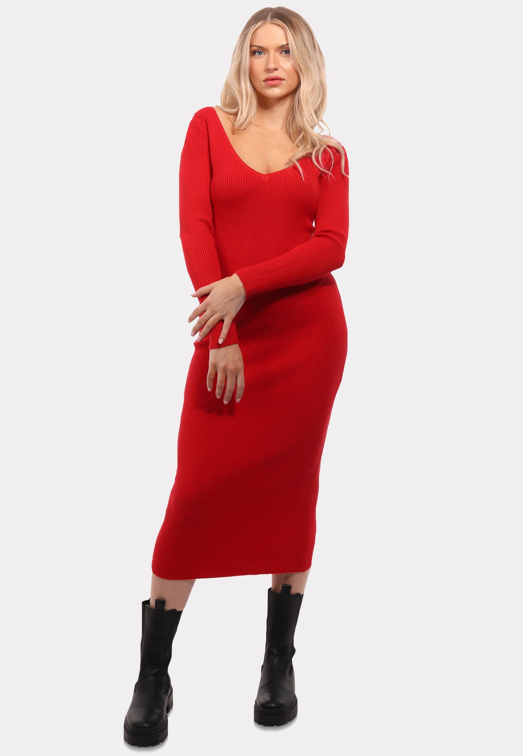 YC Fashion & Style Strickkleid Strickkleid mit V-Ausschnitt KNIT DRESS (Kein Set, 1 -tlg) Langarm, in Unifarbe, mit V-Ausschnitt