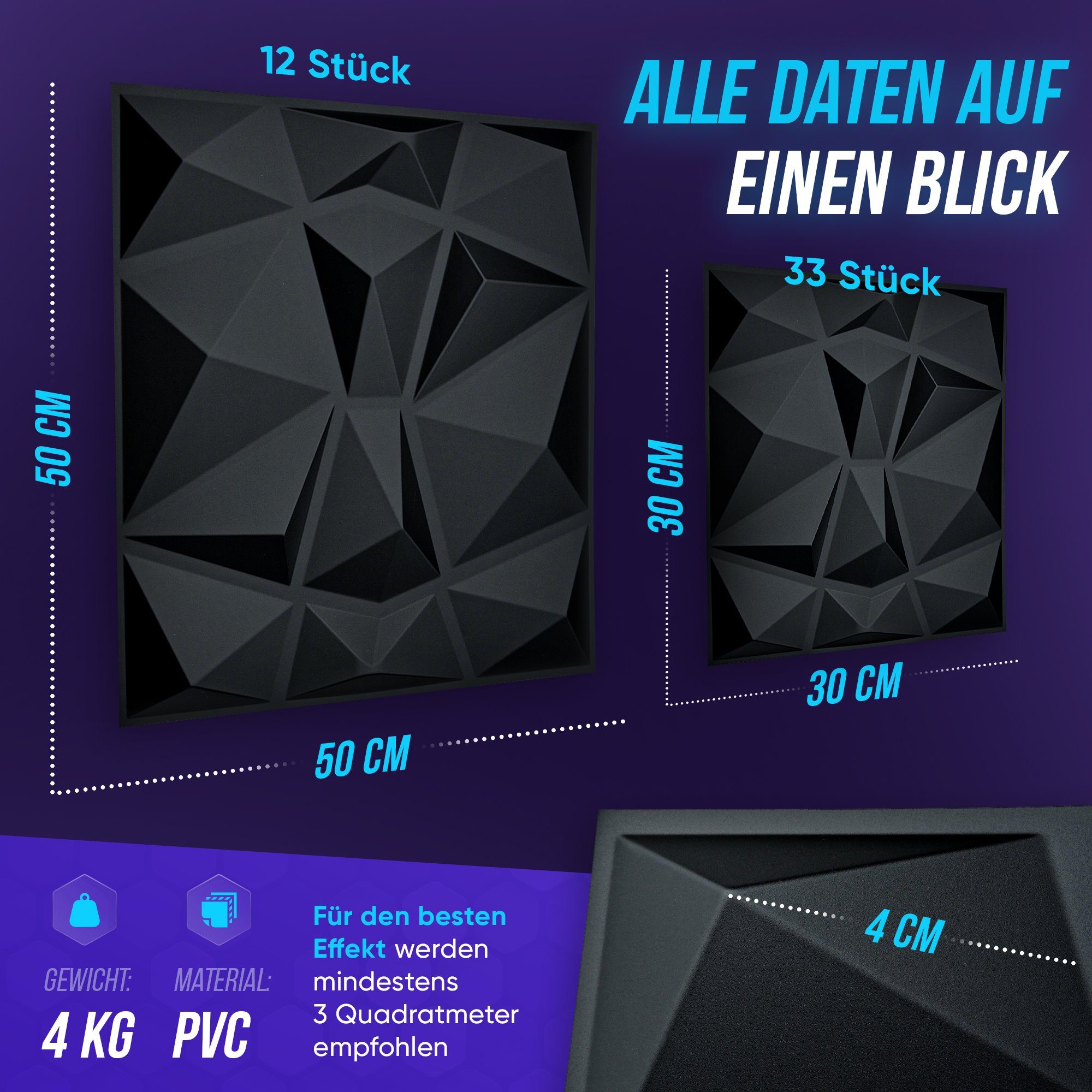 WANEELL 3D Wandpaneel Diamond, BxL: 50,00x50,00 cm, 3,00 qm, (12er Set, Hochwertige PVC Paneele ideal für die Gaming Wand) PVC