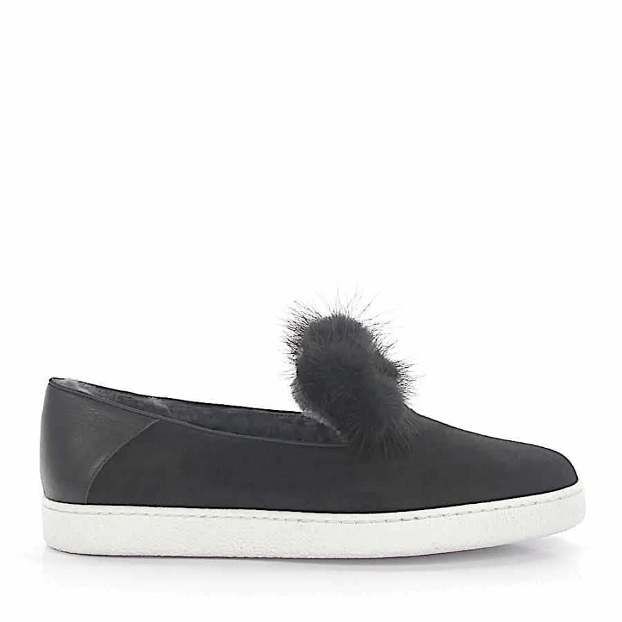 Unützer - Halbschuh Slipper 8131 Leder Veloursleder grau Fell - grau