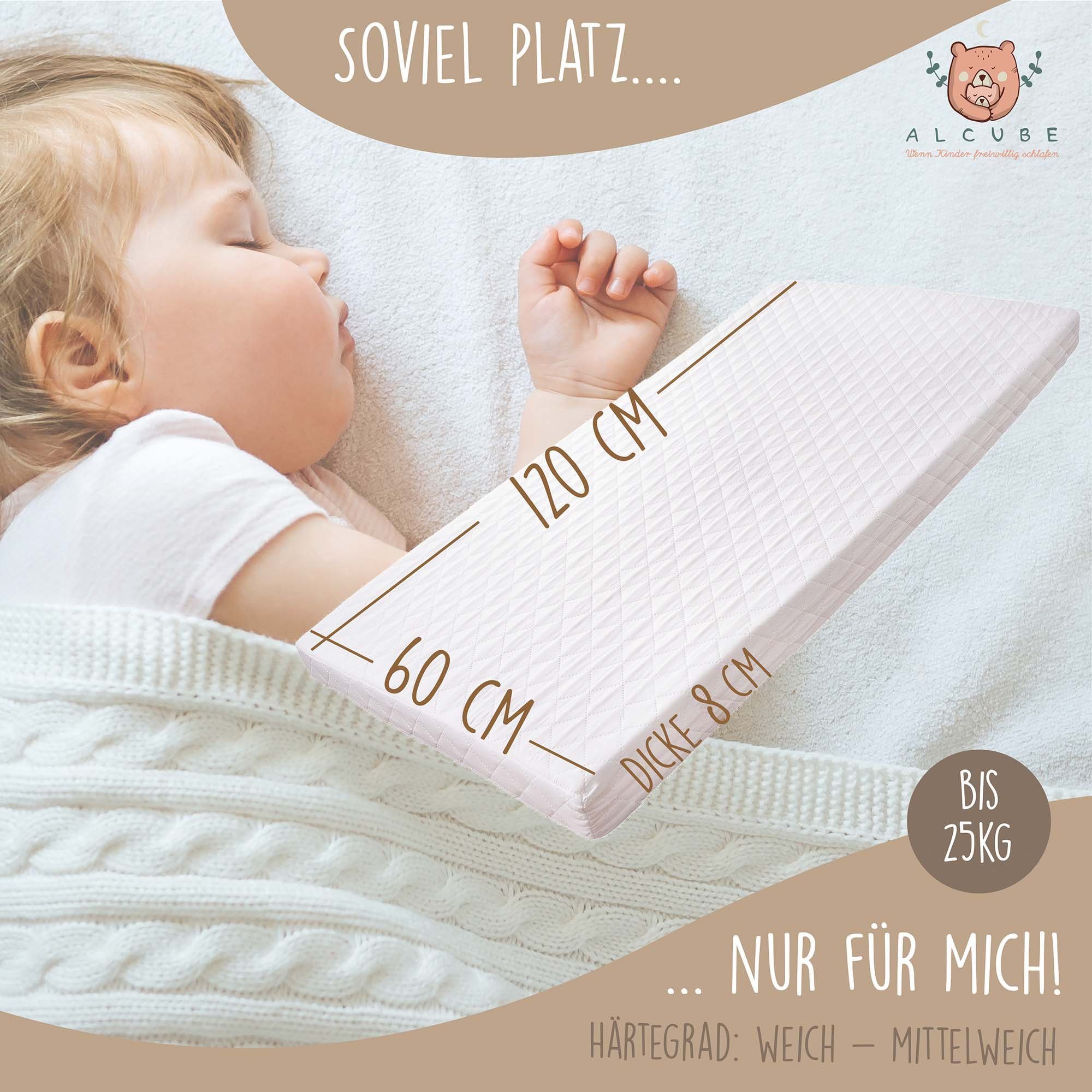 Kindermatratze PUR I Top ANGEBOTE I Begrenzte Zeit, Alcube, 8 cm hoch, Babymatratze 60x120 cm ohne Spannbettlaken, aus 100% Baumwolle und waschbarem Bezug, Härtegrad Weich - Mittelweich Eco 5 zertifizierter, Kindermatratze 60x120 Kaltschaummatratze f
