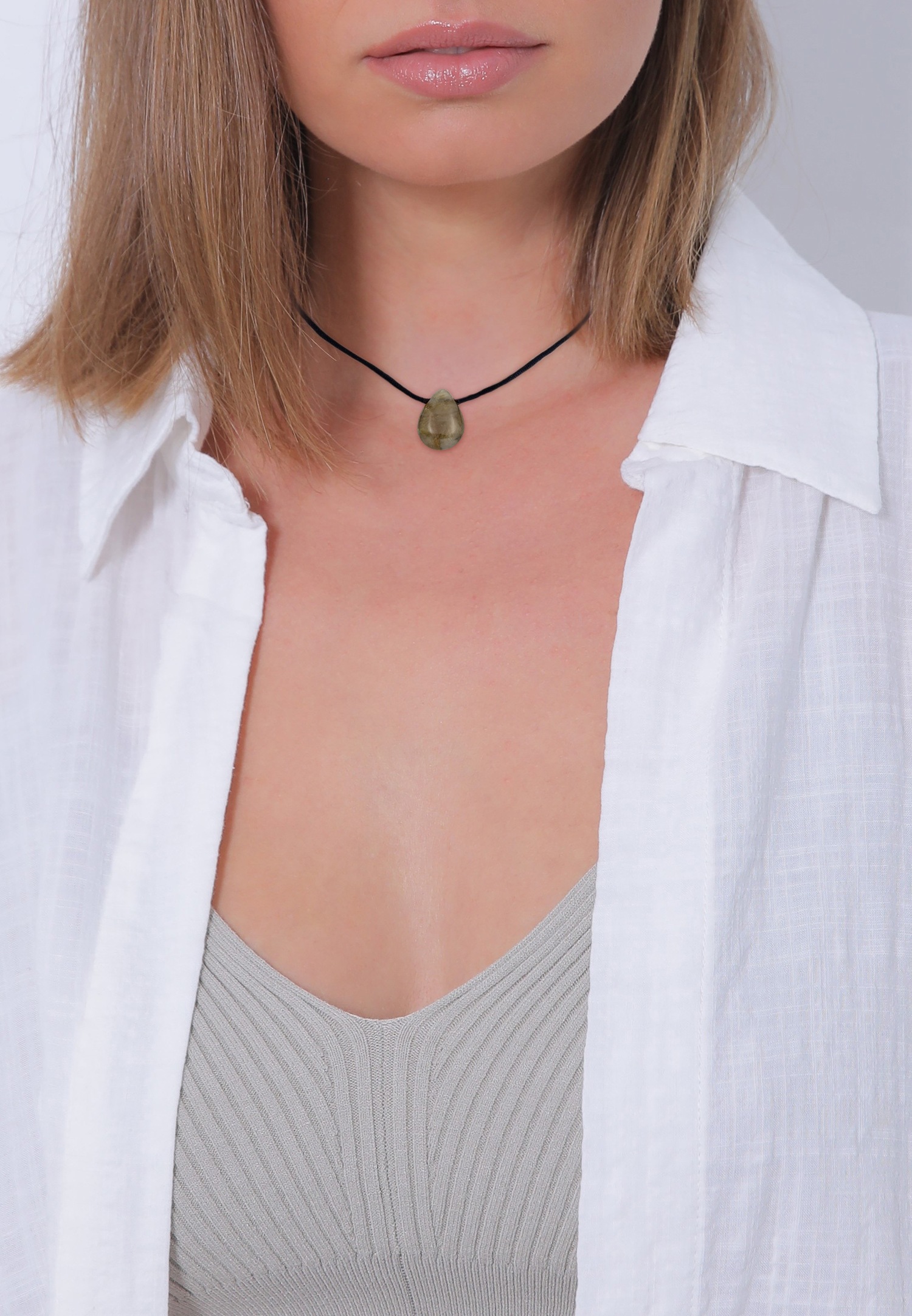 Pandantiv tip choker Elli PREMIUM pentru femei, model satinat, cu labradorit, din argint 925
