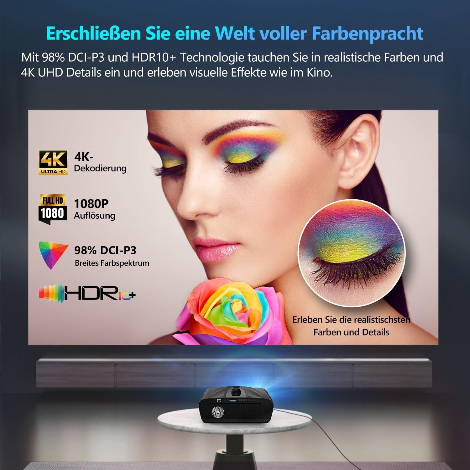ZCGIOBN 4K Beamer Heimkino WiFi 6 mit AutoFokus/Trapezkorrektur Portabler Projektor (1200 lm, 1920 x 1080 px, Bluetooth Android HDMI USB für TV Stick/iPhone/iPad/Laptop/PS5/DVD/PC)