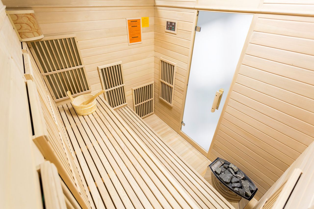 PureHaven Infrarotsauna 160x210x200 cm für 6 Personen Saunaofen aus kanadisches Hemlock-Tannenholz Thermometer Schöpfkelle Saunasteine
