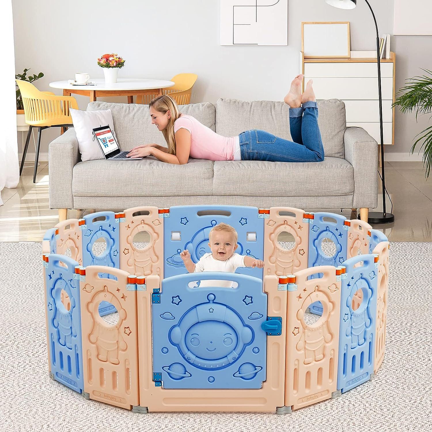 KOMFOTTEU Laufgitter Laufstal, mit Astronaut–Motiv