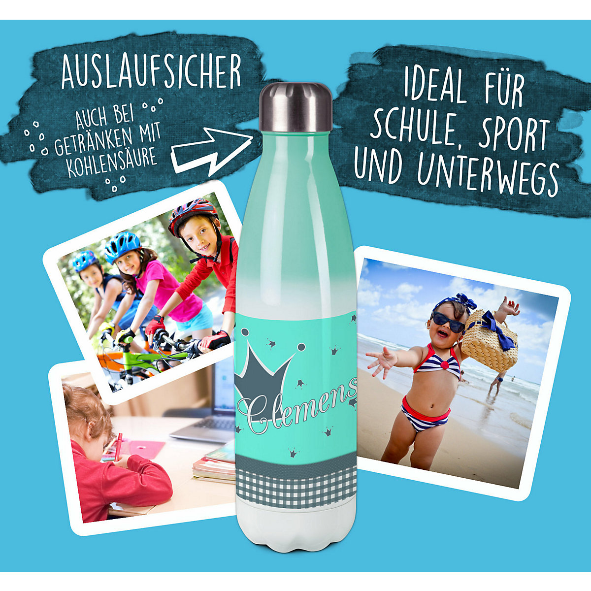 Edelstahl Kinder Thermoflasche / Trinkflasche bunt Krone Farbe türkis grau Spülmaschinenfest, Auslaufsicher, Bruchfest, Doppelwandig, Für Heißgetränke geeignet, Mit Deckel, Isoliert