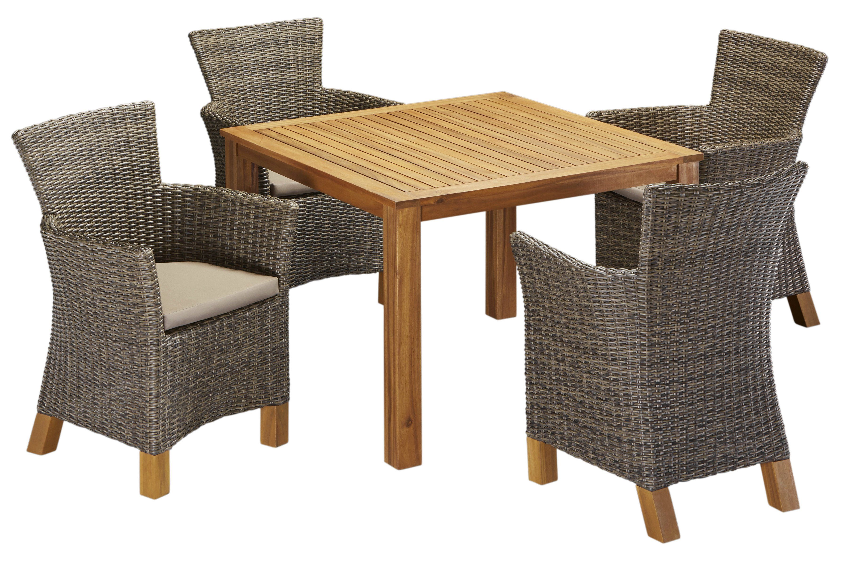 MERXX Garten-Essgruppe Toskana, (9-tlg), 4 Sessel, Tisch 110x110x75 cm, Polyrattan/Akazie