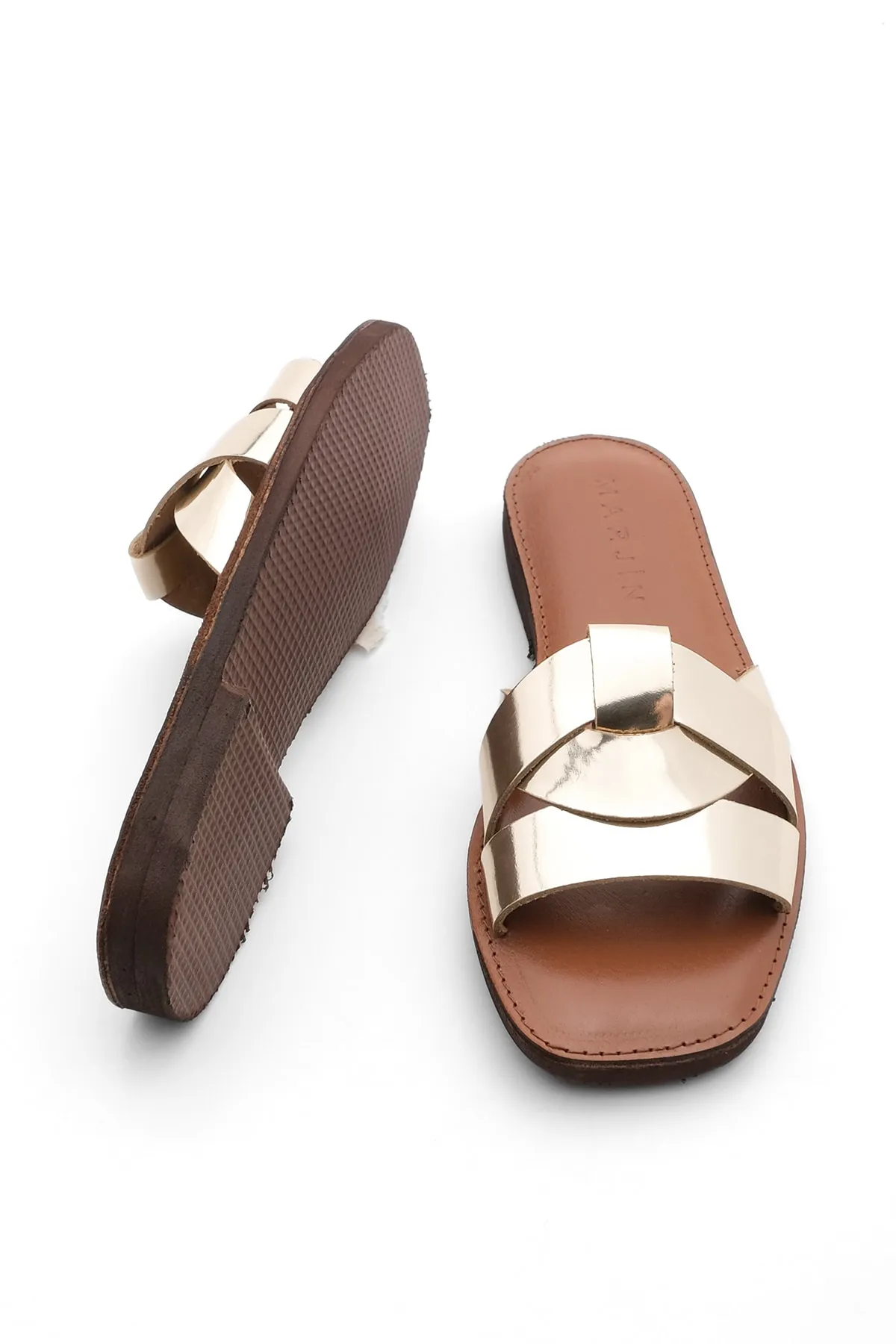 Marjin  Damen Hausschuhe aus echtem Leder mit Eva-Sohle, Vosle Gold