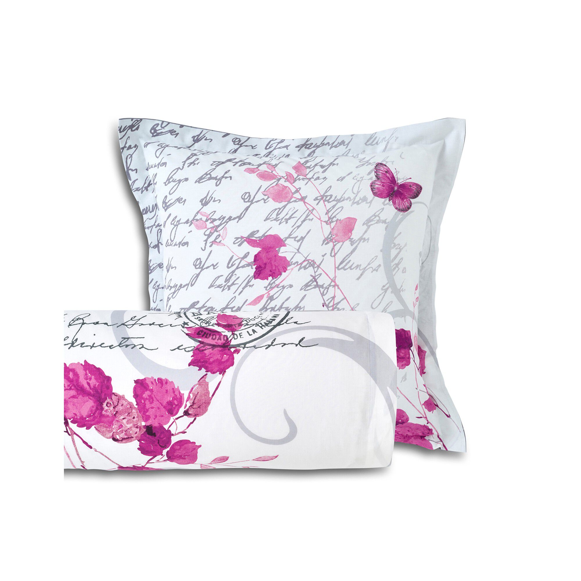 Linge de lit Célestine polycoton imprimé fleurs et papillons