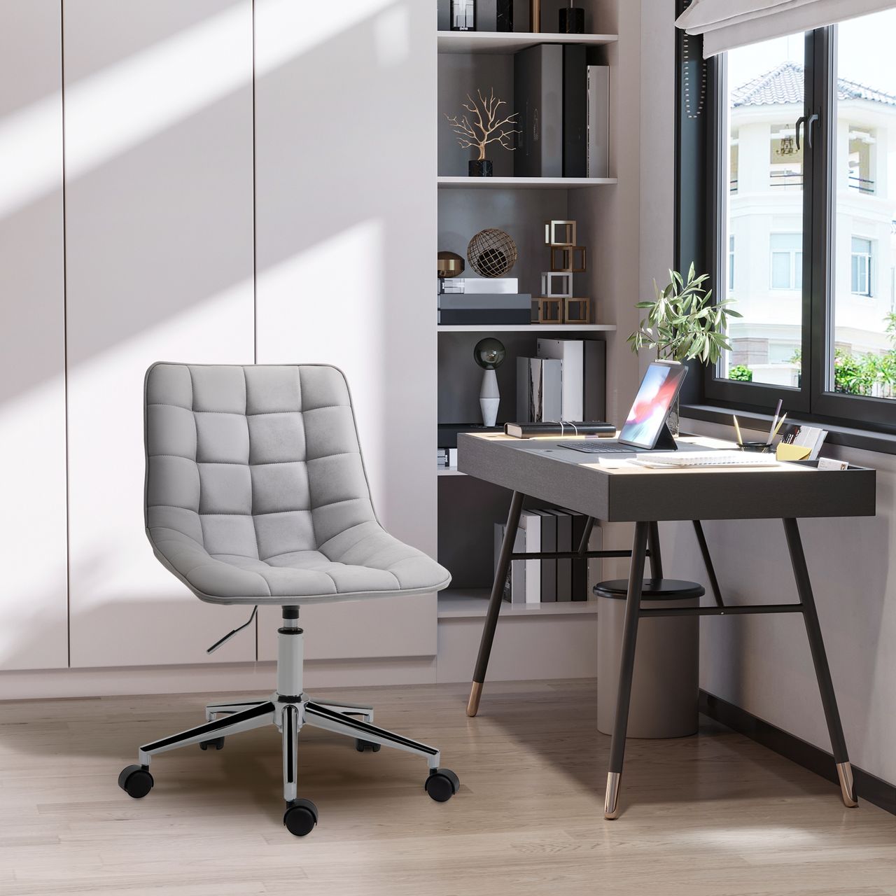 HOMCOM Bürostuhl Drehstuhl Schreibtischstuhl höhenverstellbar 360° drehbar Mikrofaser Schaumstoff Hellgrau 60x 60x90 cm