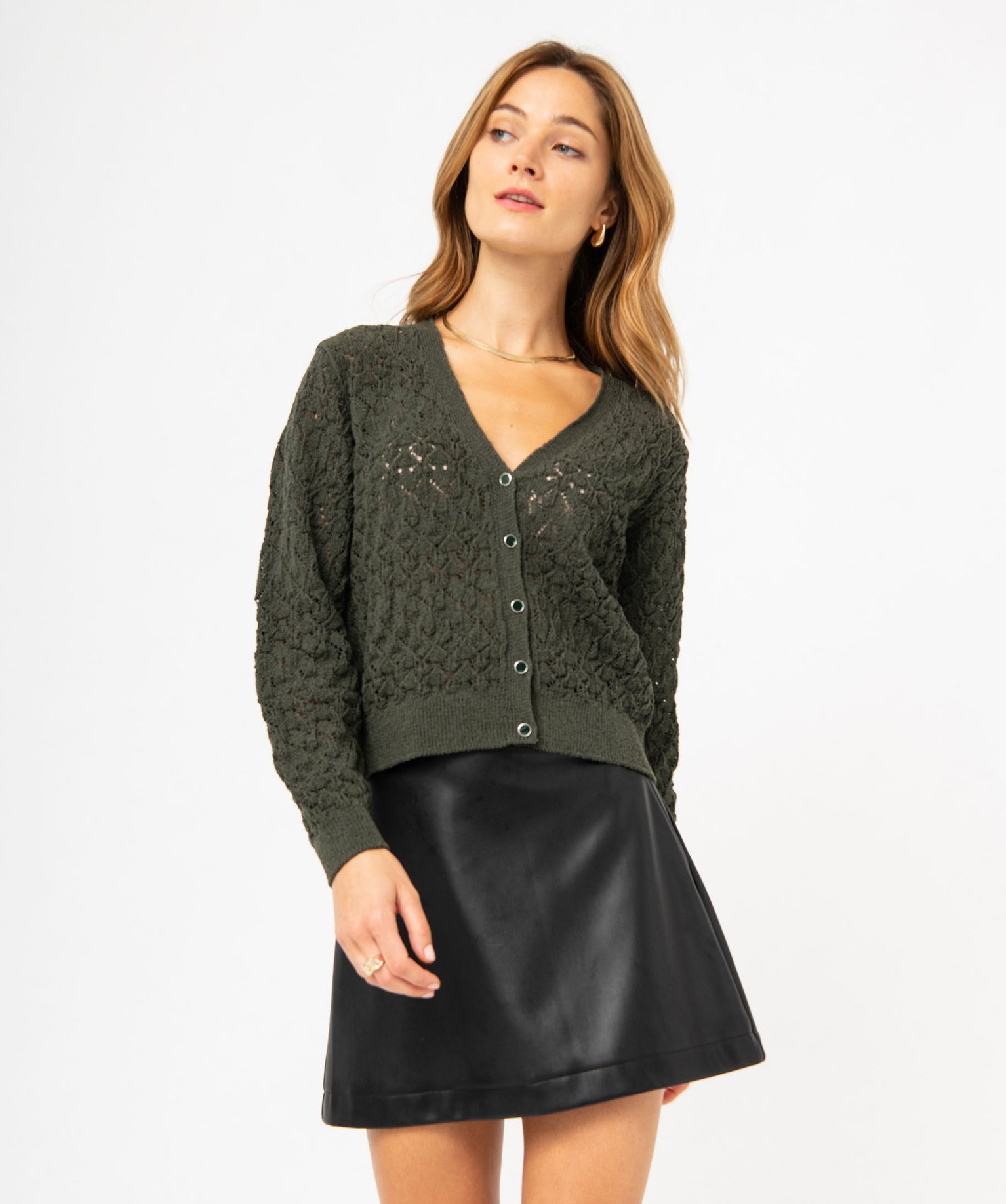 Gilet court à col V en maille ajourée femme kaki | GEMO