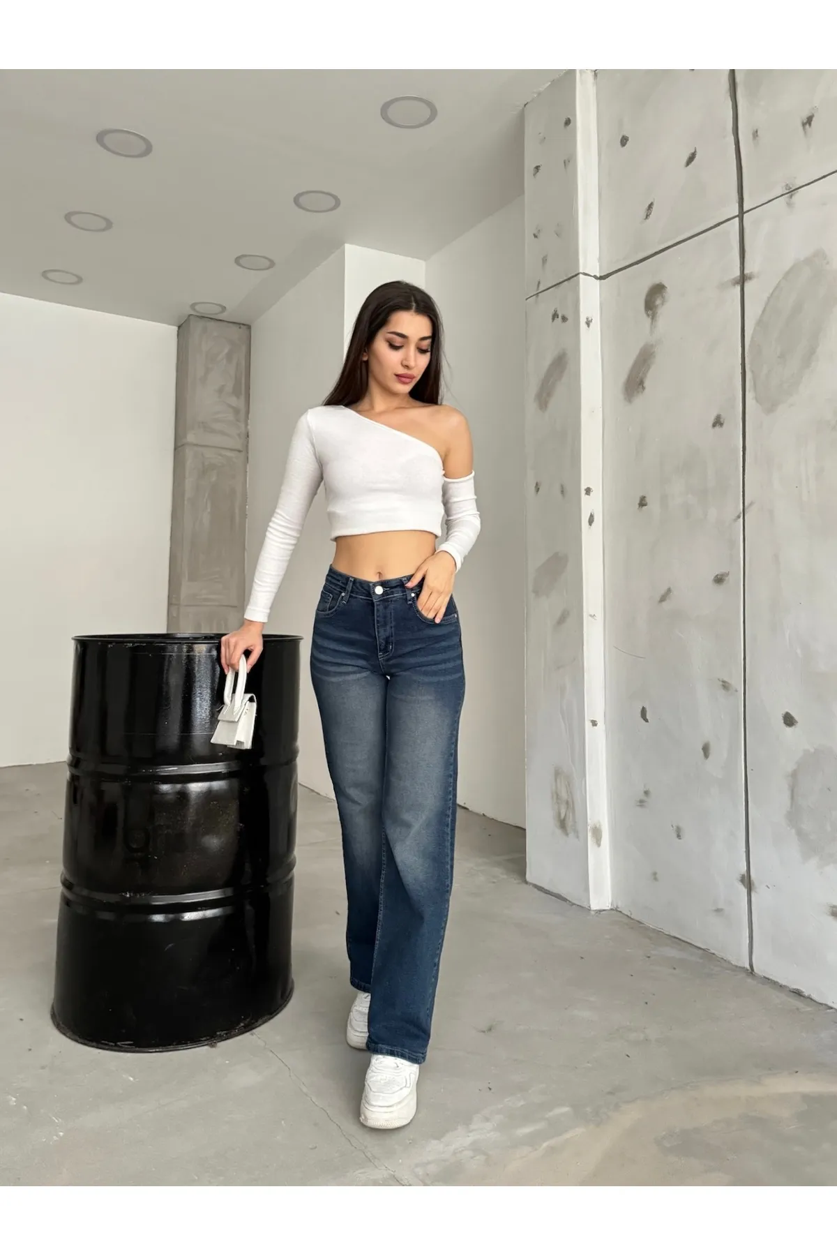 BİKELİFE  Damen Marineblaue, blasse Lycra-Jeans mit hoher Taille und weitem Bein, Salaş Palazzo Jeans