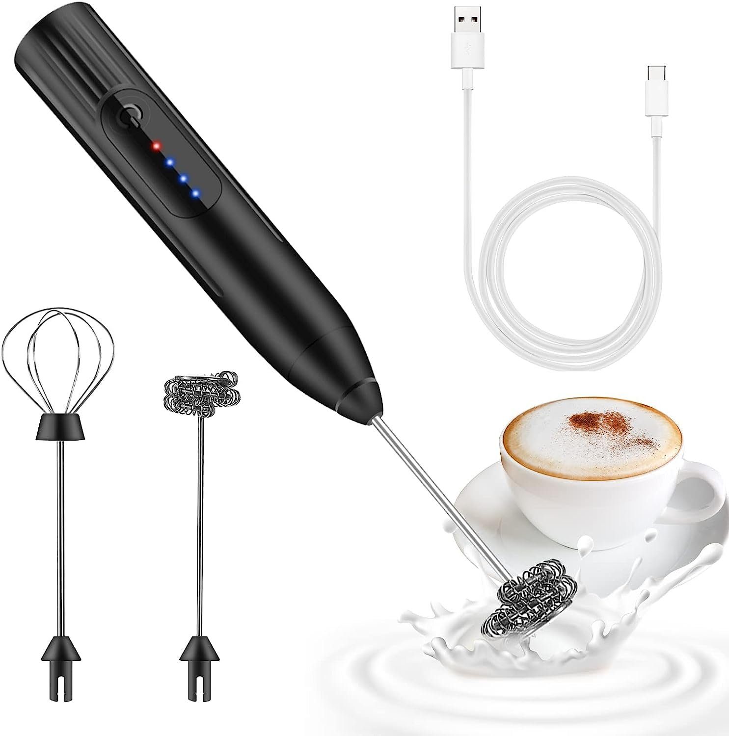 flowgoer Milchaufschäumer Elektrischer Milchaufschäumer-Stick, wiederaufladbar über USB, Elektromixer mit wiederaufladbarem USB, 3-fach verstellbar, Edelstahl