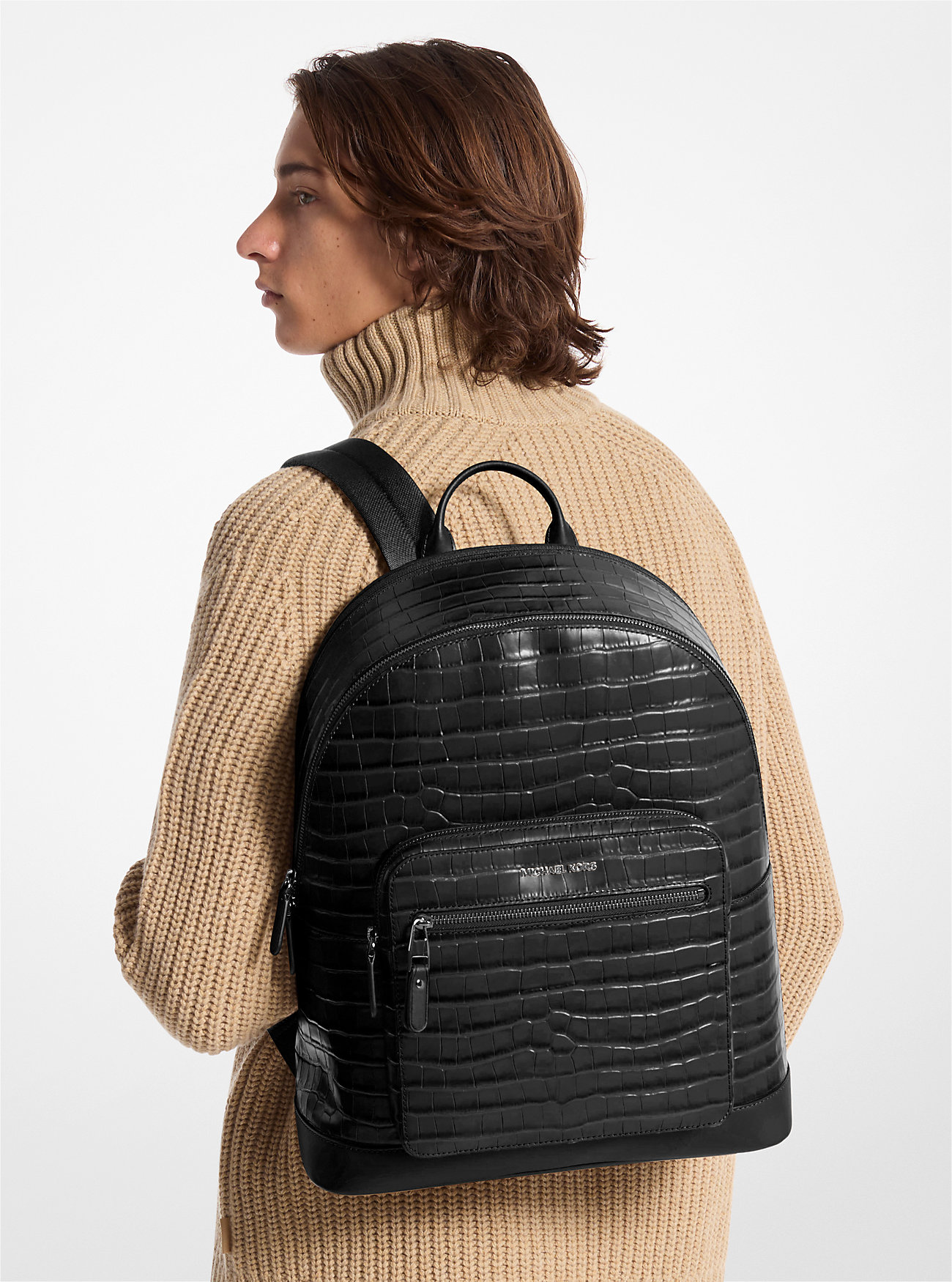 Hudson Crocodile Embossed Leather Pendler Backpack – SVART
