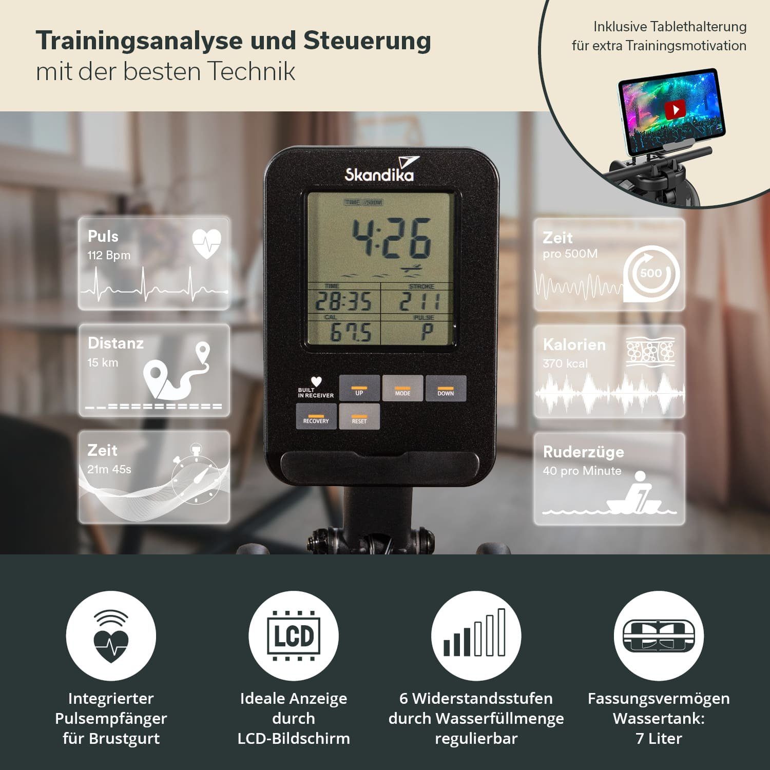 Skandika Rudergerät Mora Wasserrudergerät, mit Wasserwiderstand, Kinomap App, Bluetooth, Computer, aufstellbar
