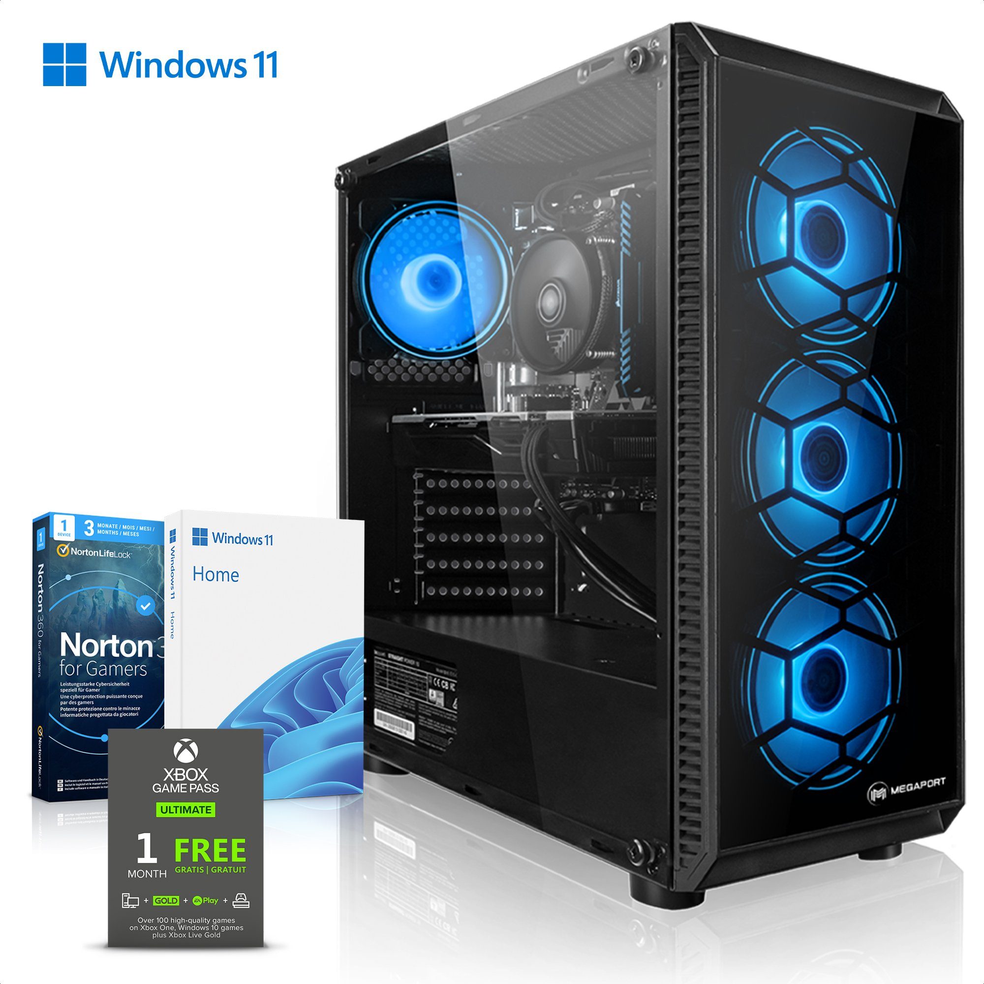 Megaport Gaming-PC (Intel Core i5 11400F, GeForce RTX 3060 12GB, 16 GB RAM, 1000 GB SSD, Luftkühlung, Windows 11, WLAN)