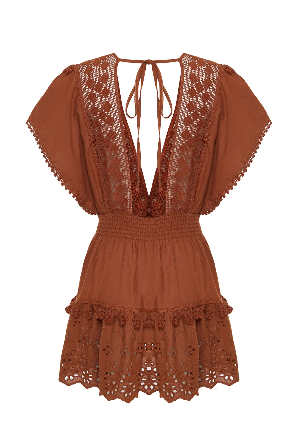 Trendyol Collection  Braunes Mini-Strandkleid aus 100 % Baumwolle mit gewebten Brode-Details TBESS21EL1248