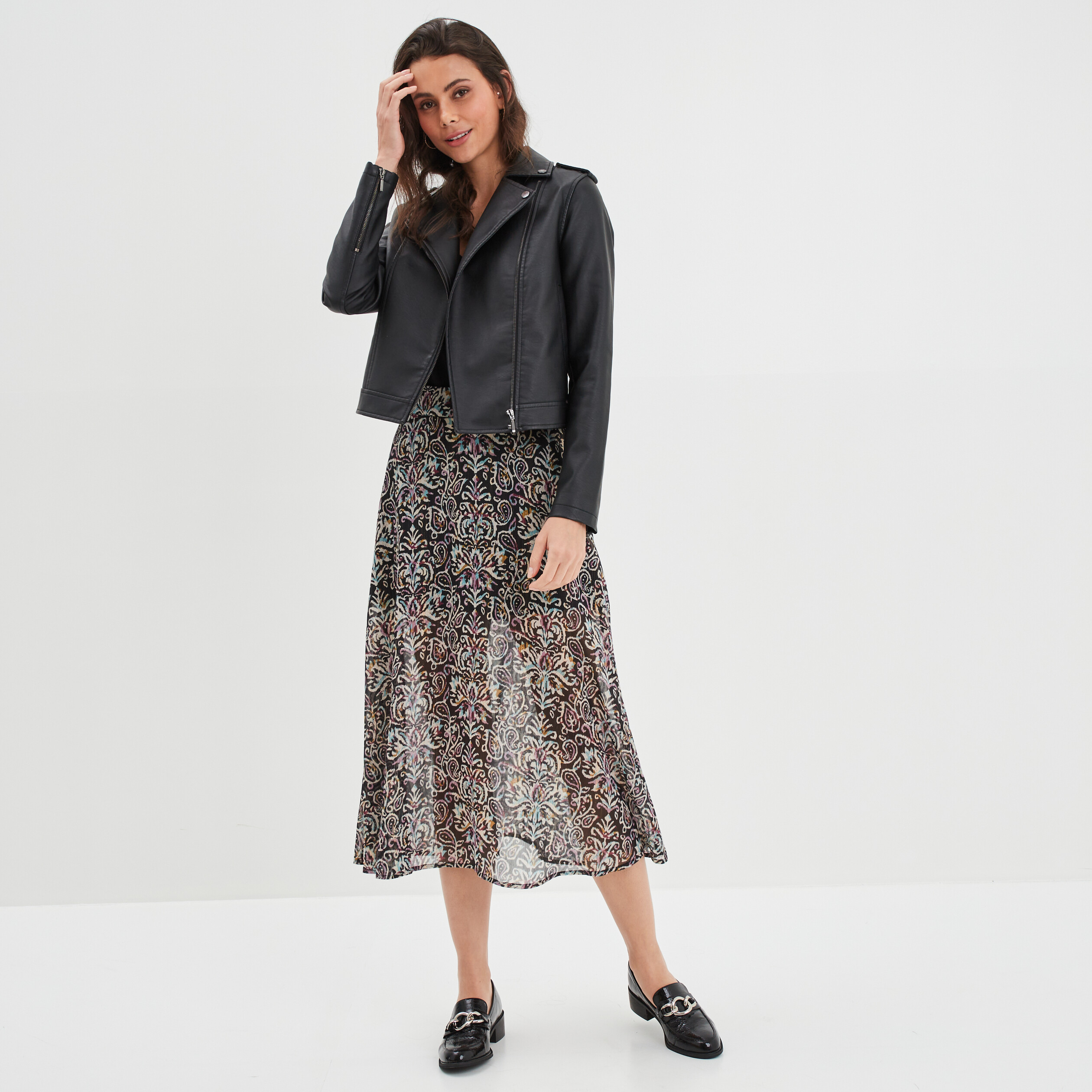 Jupe longue évasée voile doublé noir femme | La Halle