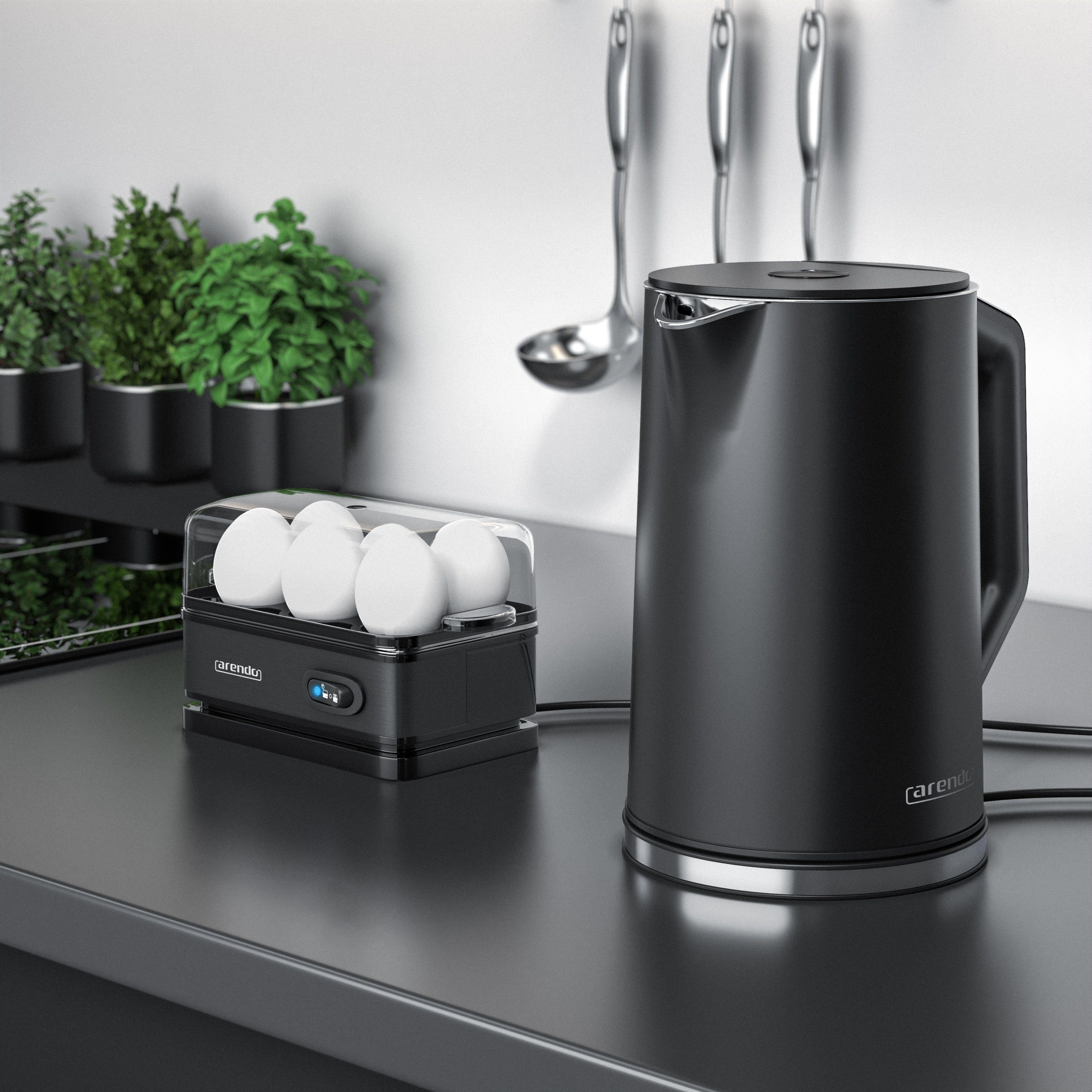 Arendo Frühstücks-Set (2-tlg), Edelstahl Wasserkocher 1,5l, 6er Eierkocher, Schwarz
