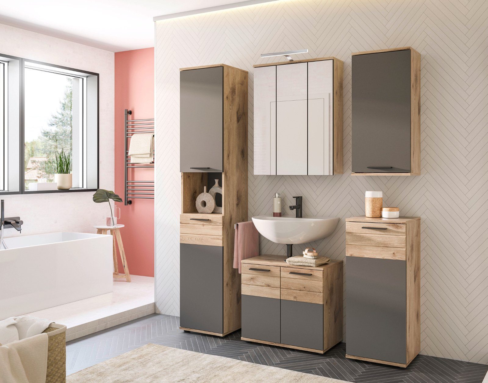 xonox.home Badmöbel-Set Mason, (Set 5-teilig, grau und Eiche), mit Soft-Close