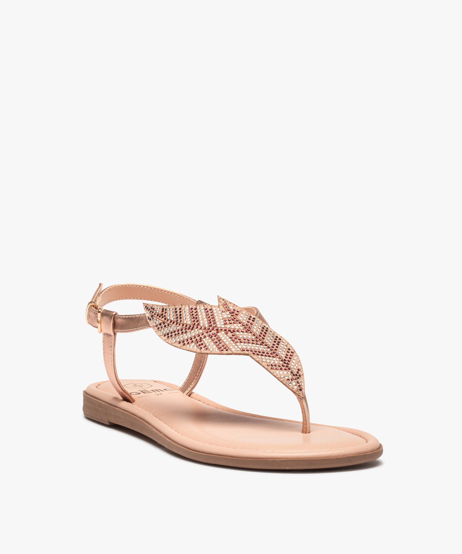 Sandales femme à talon plat et bride entre-doigts à strass rose | GEMO