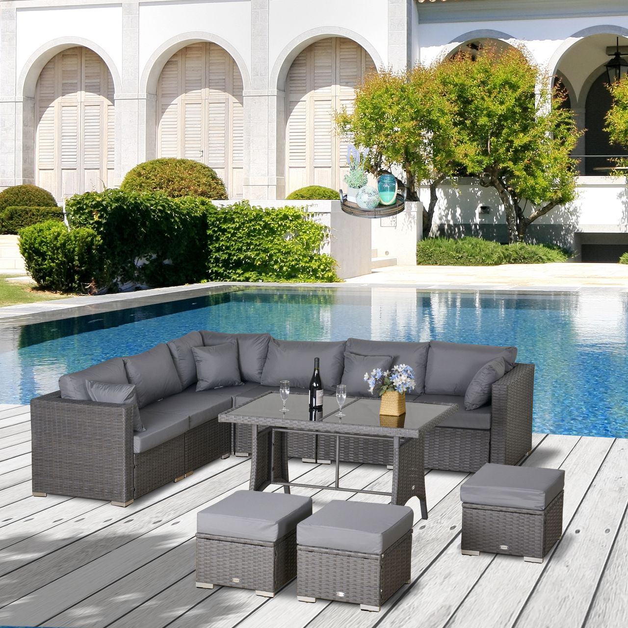 Outsunny Polyrattan Sitzgarnitur 10 tlg. Sitzgruppe Gartenset Sofagarnitur Gartenmöbel Set Lounge Stahl Luxus Dunkelgrau