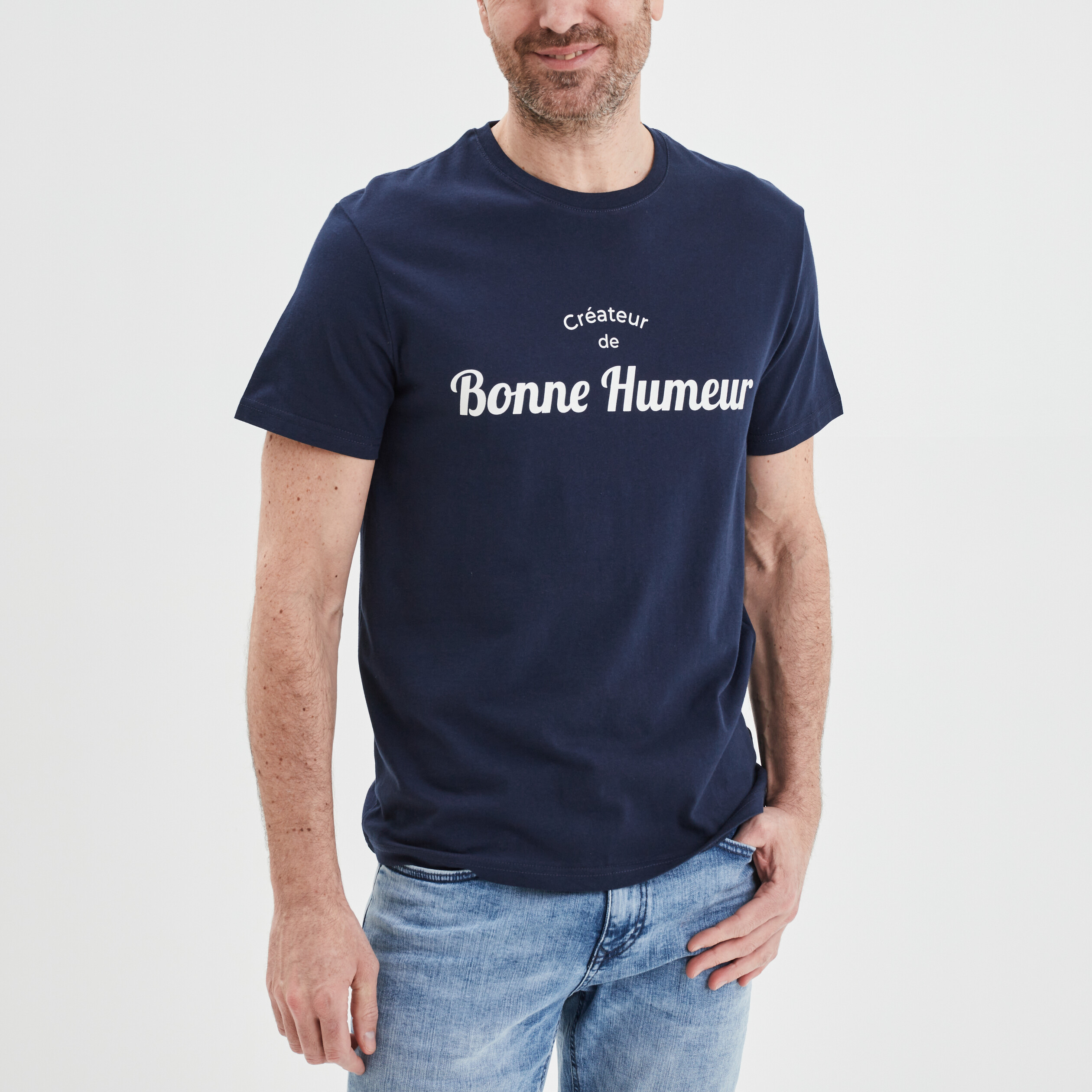 T-shirt col rond manches courtes coton bleu marine homme | La Halle