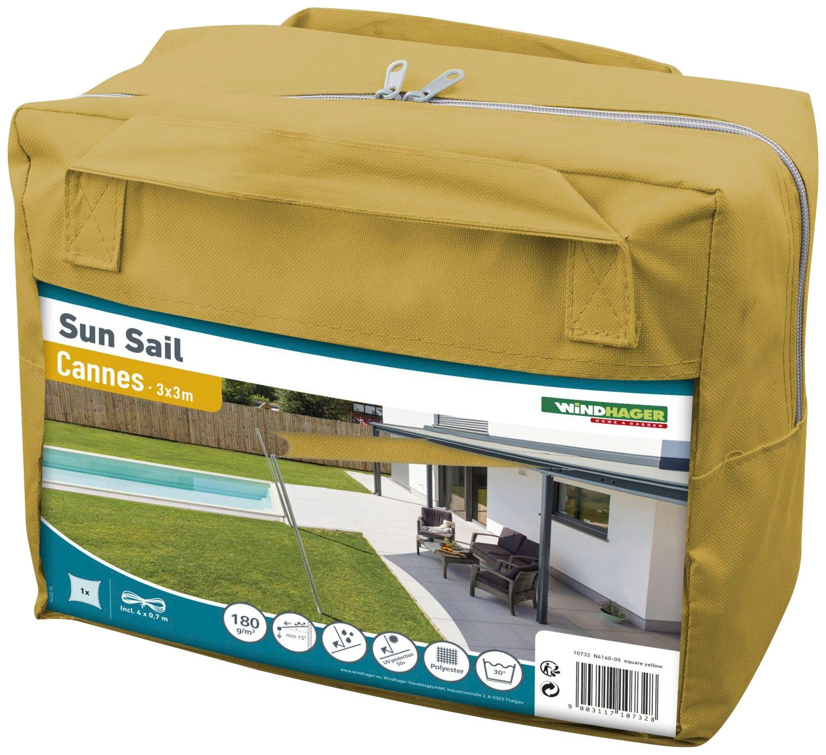 Windhager Sonnensegel Cannes Quadrat, 3x3m, gelb