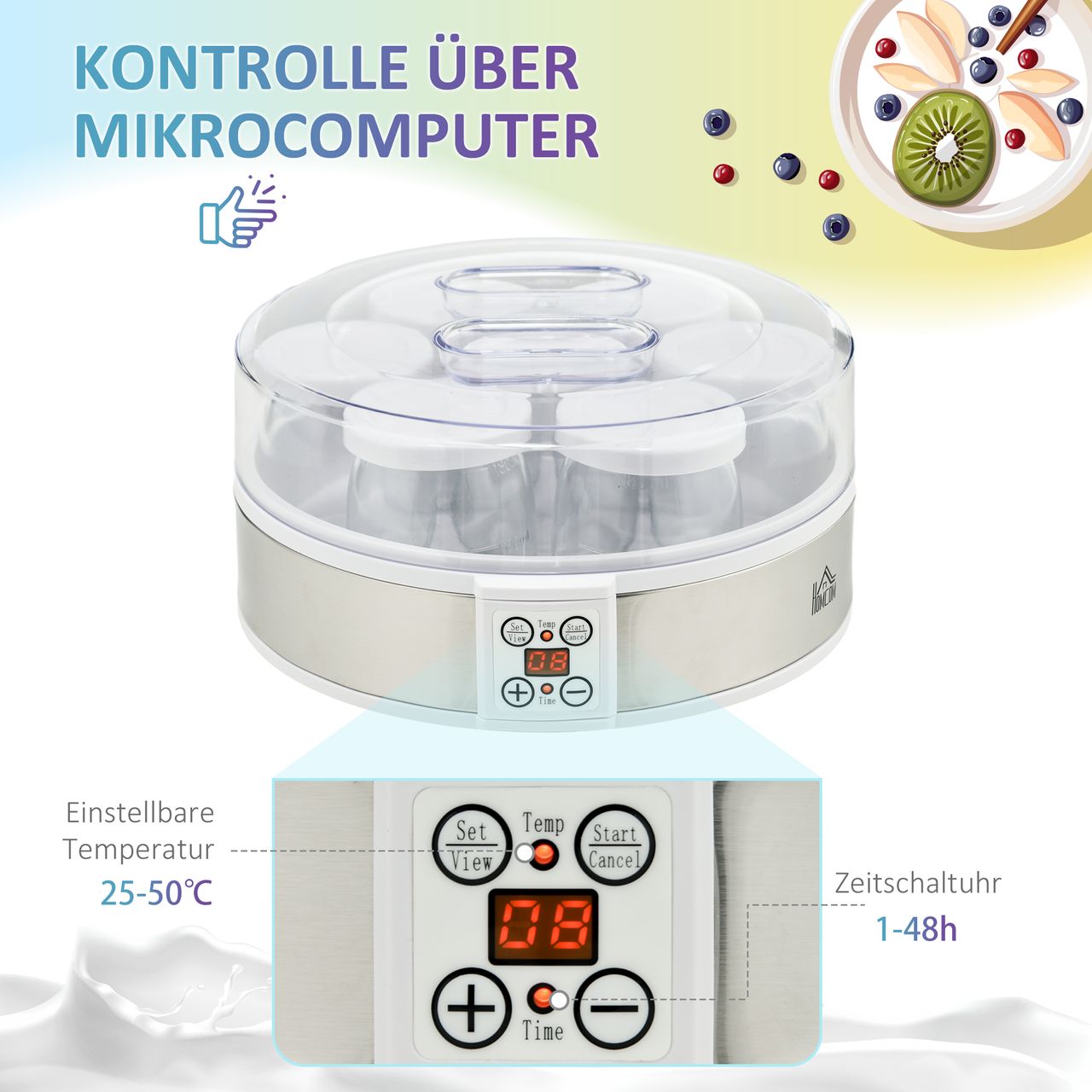 HOMCOM Joghurtbereiter Joghurtmaschine mit 48 Stunden Timer, 7 Gläser à 180 ml