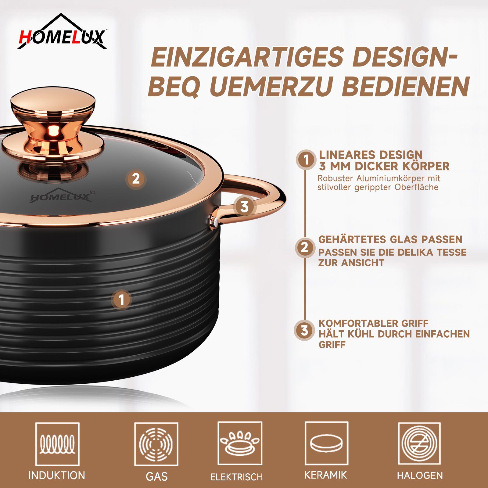 HOMELUX Topf-Set 10tlg Induktions Töpfe Set, Aluminiumguss Kochtopfset mit Deckel, Aluminium (4 Töpfe mit Glasdeckel + 2 Pfanne), induktionsgeeignet