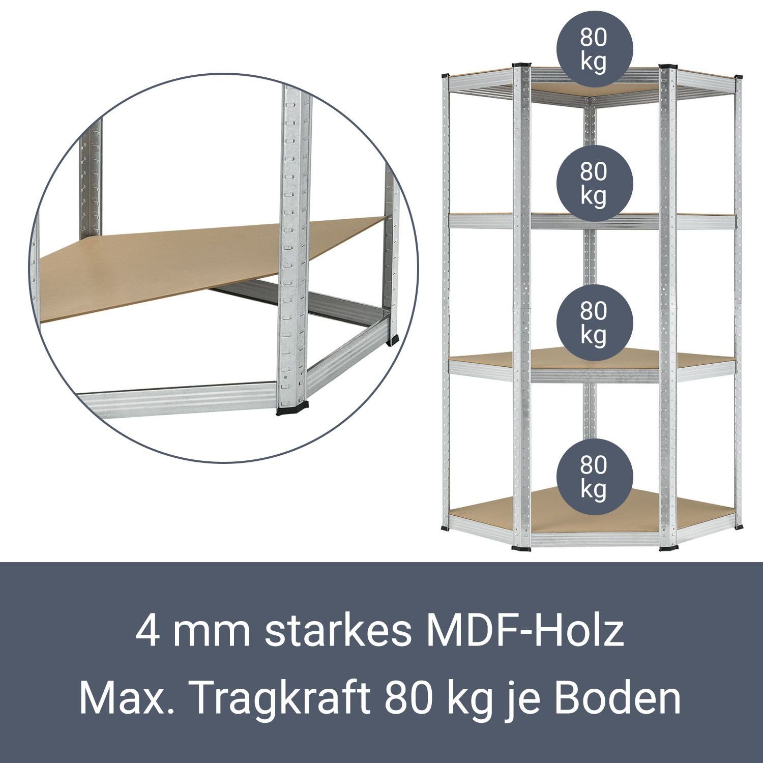 Juskys Eckregal Corner Easy, 1-tlg., Schwerlastregal aus verzinktem Metall mit 4 Einlegeböden