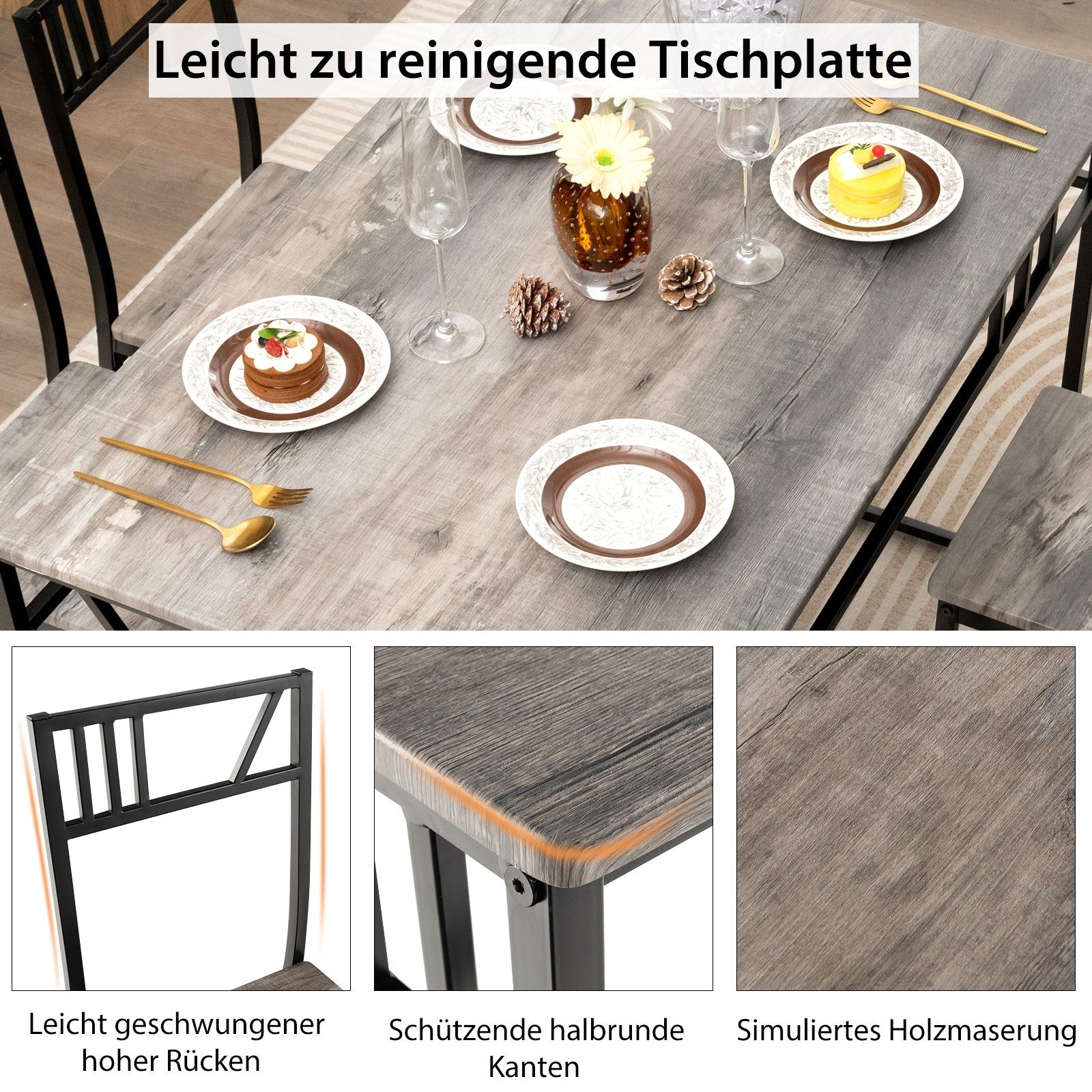 COSTWAY Essgruppe, 5 tlg.Esstisch mit 4 Stühlen, für 4 Personen, platzsparend