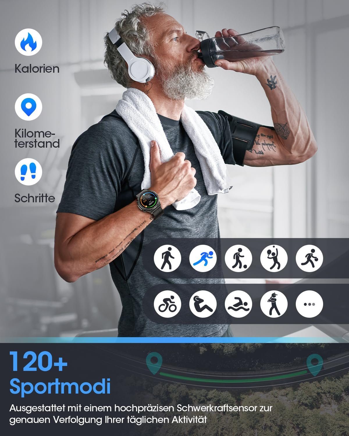 Powerwill Smartwatch Herren mit Blutzuckermessung, 24/7 Schlafmonitor Smartwatch, Pulsmesser, SpO2, 1,39