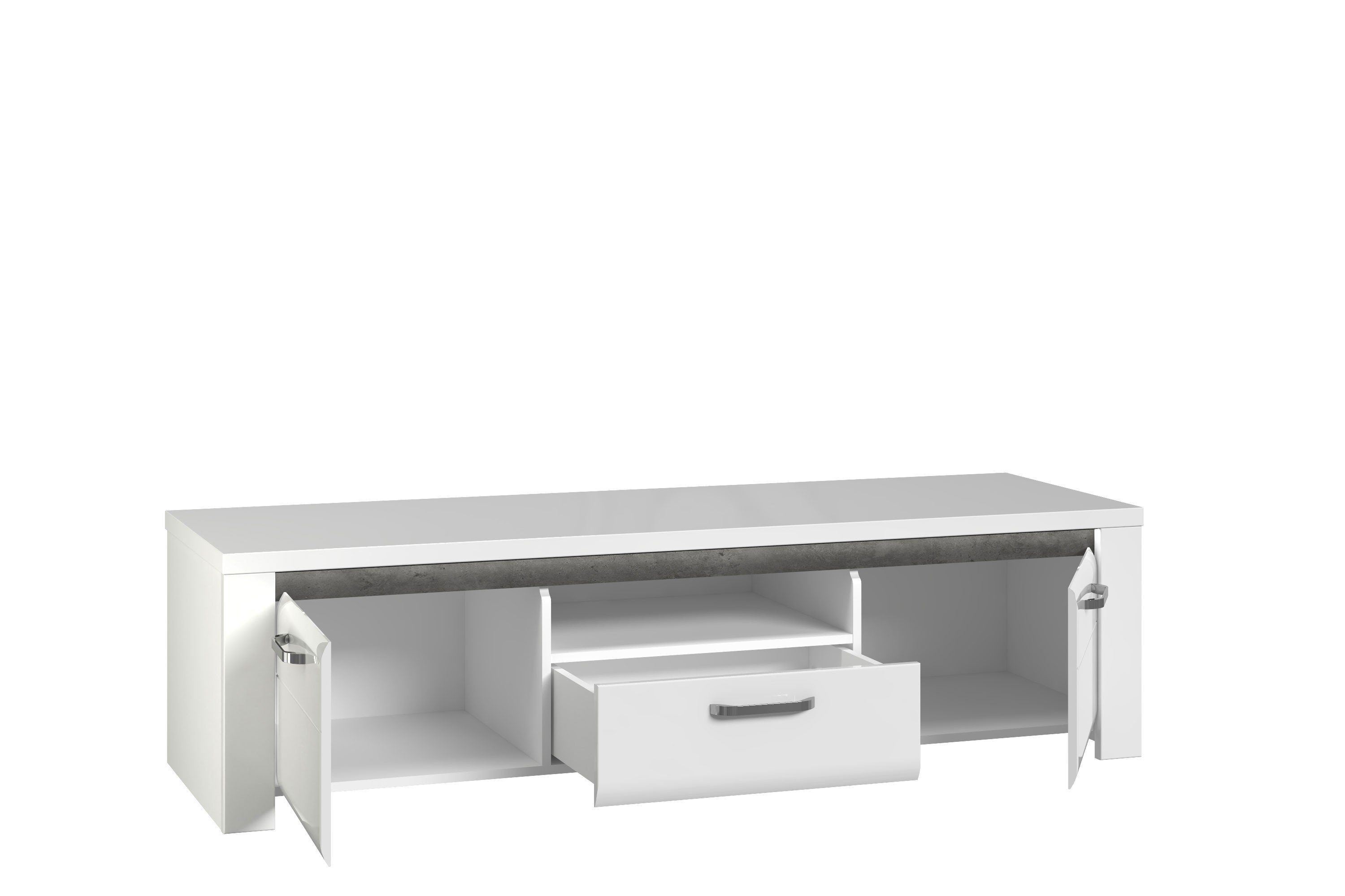 möbel-direkt.de Wohnwand Brugia, (Komplett Set, 4-St., Standvitrine + Hochkommode + Wandboard + TV- Schrank), Hochglanzfronten, Beleuchtung, Selbsteinzug, Dämpfungsbeschläge
