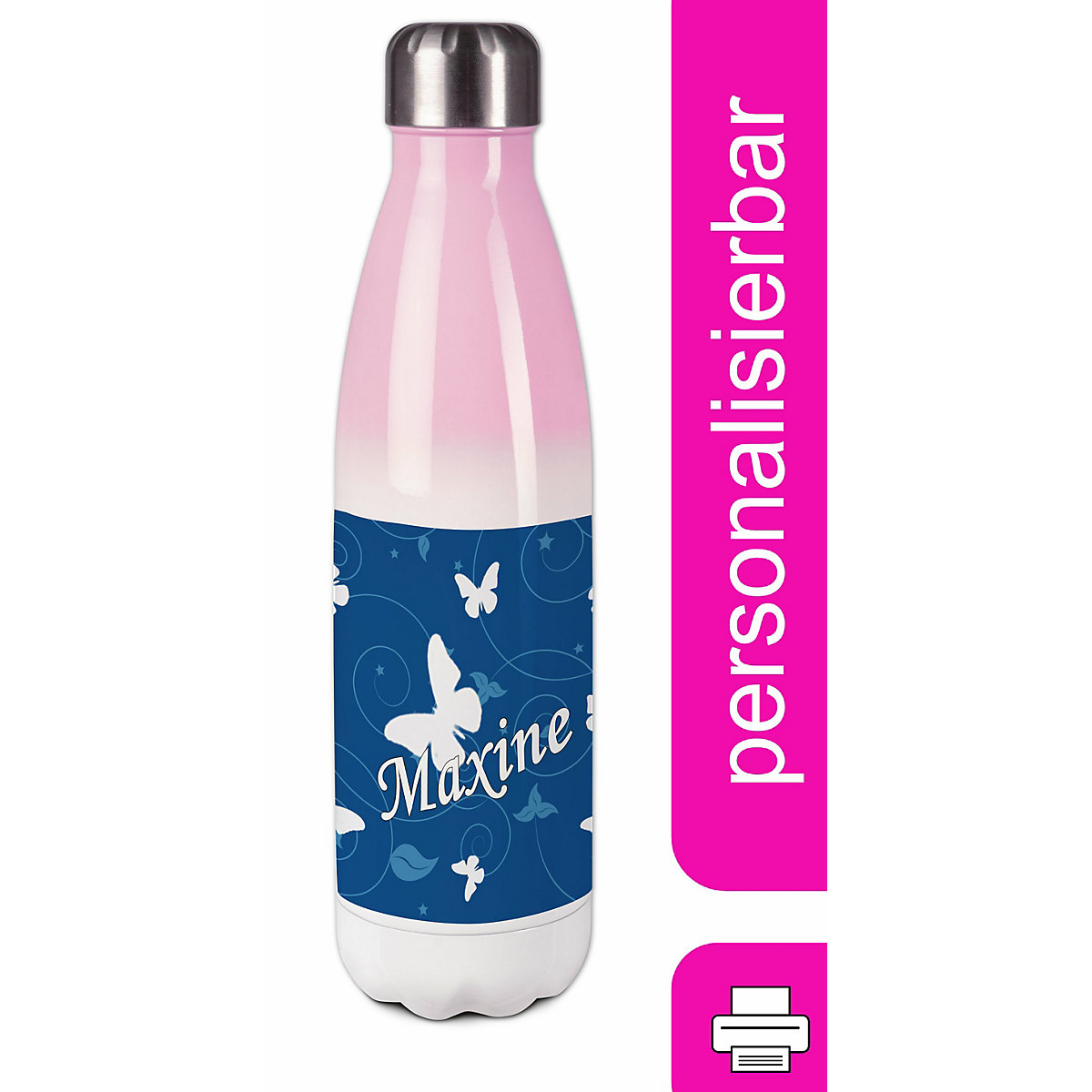 Edelstahl Kinder Thermoflasche / Trinkflasche bunt Schmetterling Ornamente Farbe blau Spülmaschinenfest, Auslaufsicher, Bruchfest, Doppelwandig, Für Heißgetränke geeignet, Mit Deckel, Isoliert