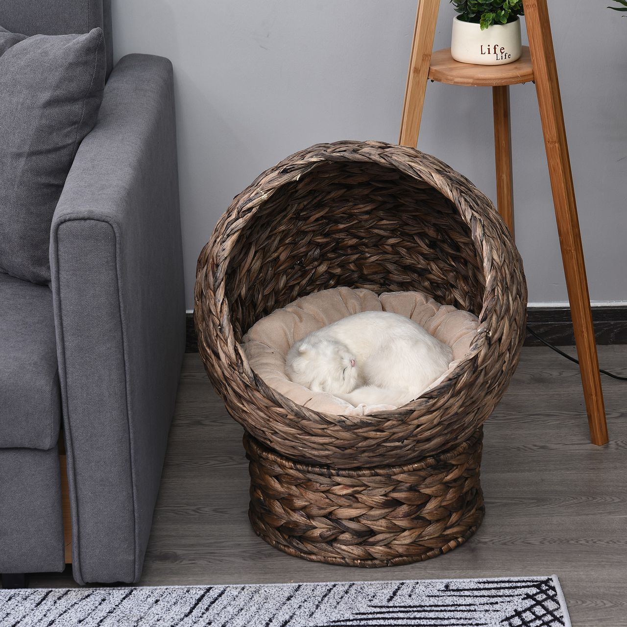 PawHut Rattan Katzenkorb Katzenhütte Katzenhöhle mit Kissen Haustierbett Braun