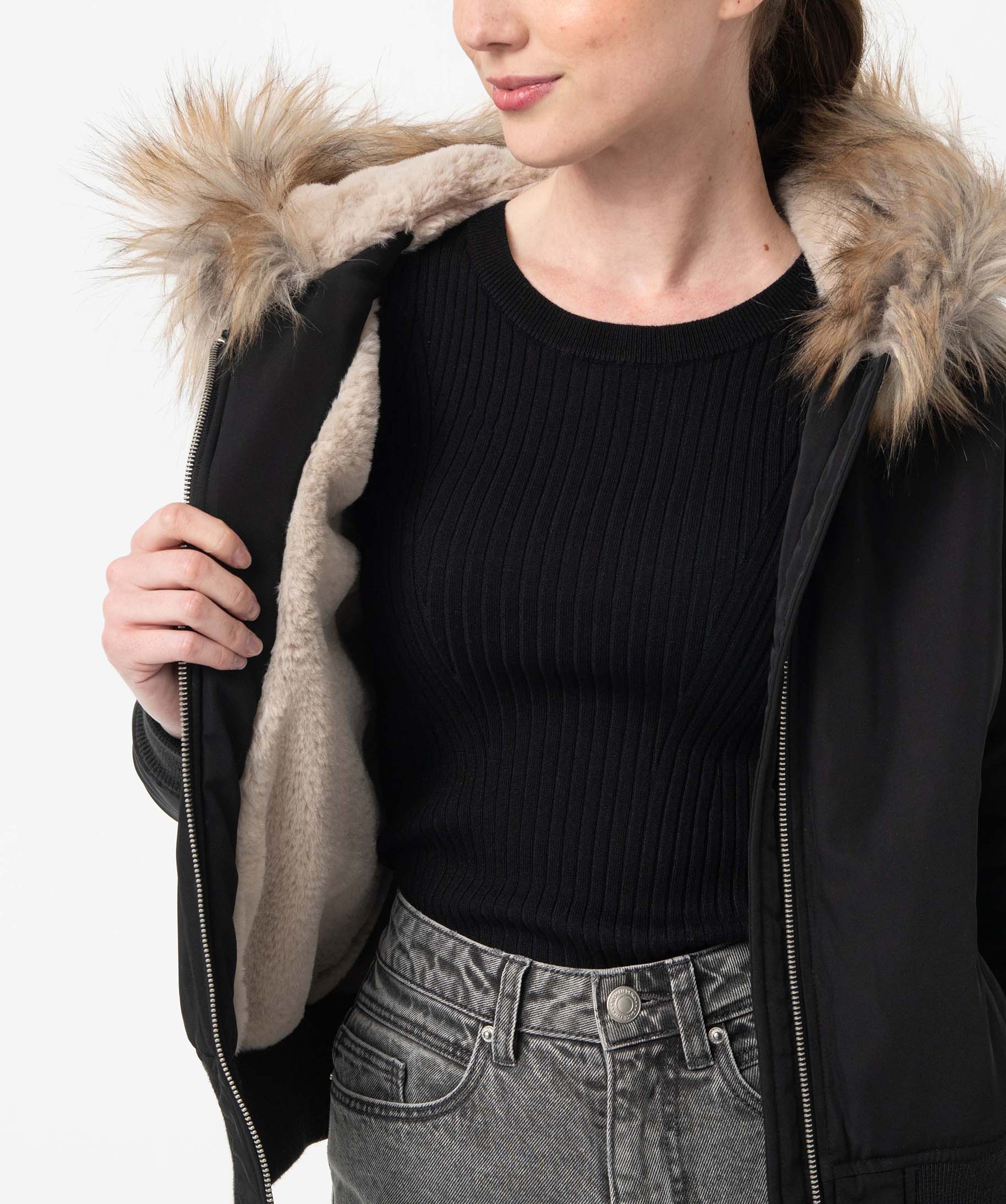 Blouson femme à capuche avec doublure chaude noir | GEMO