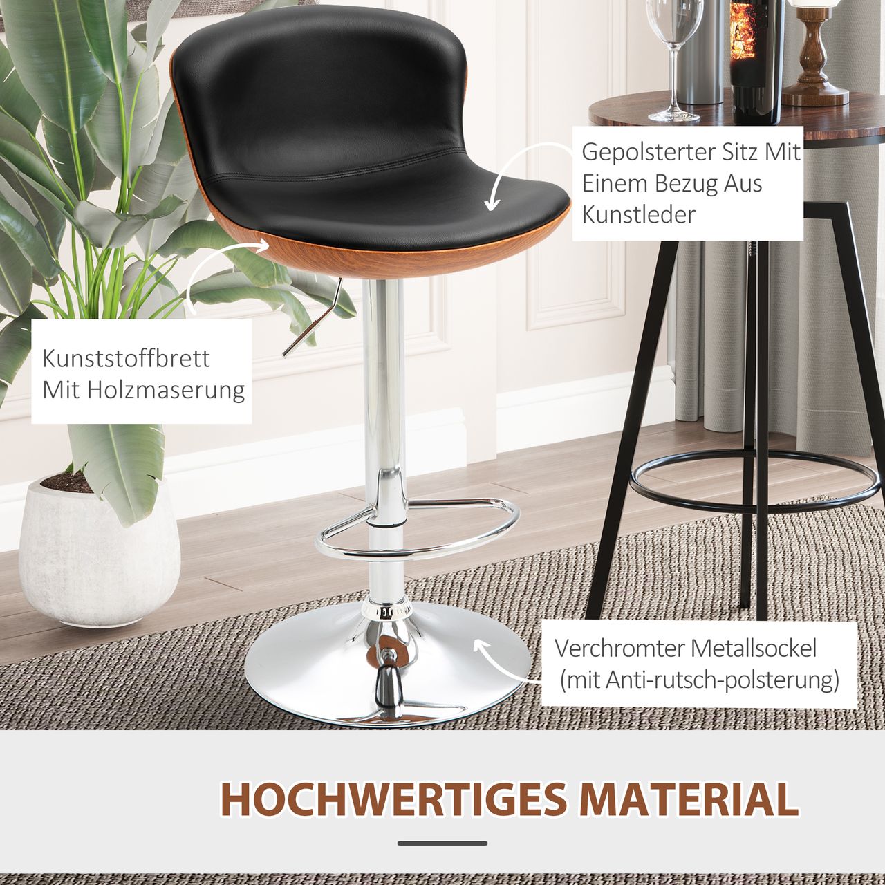 HOMCOM Barhocker mit Fußstütze, Barstuhl mit Rückenlehne, Bistrohocker, Esszimmerstuhl höhenverstellbar drehbar, PU, Schwarz, 2er-Set, 46 x 53,5 x 85-106 cm