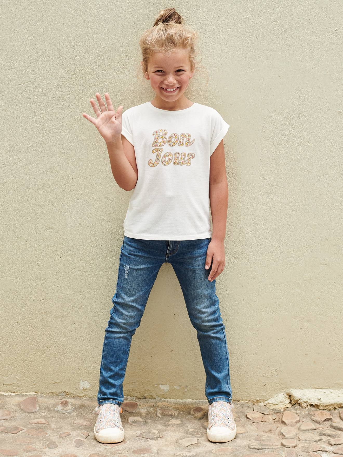 Vertbaudet Mädchen T-Shirt, Blumen-Schriftzug Oeko-Tex - marine/tres bien