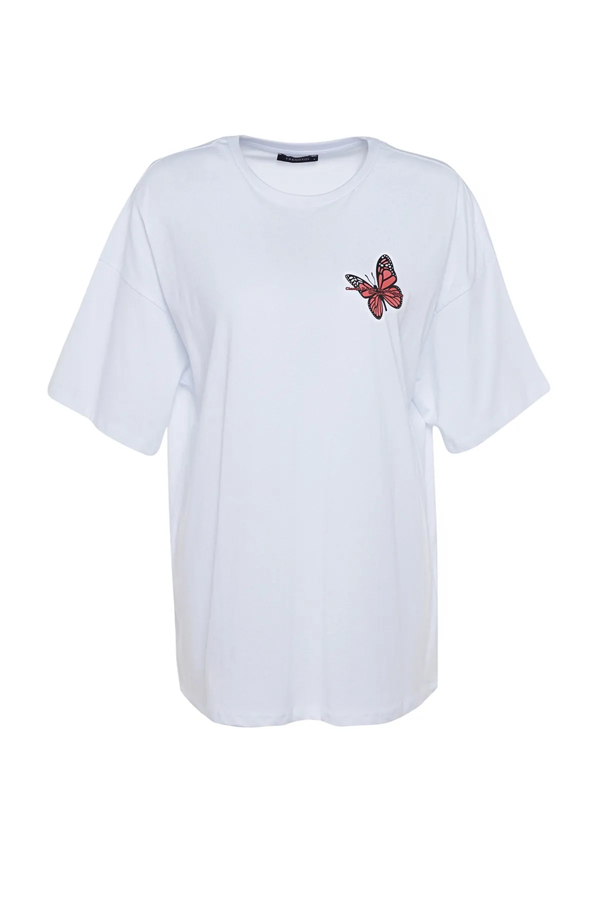 Trendyol Collection  Weißes Oversize-Strick-T-Shirt aus 100 % Baumwolle mit Aufdruck auf Brust und Rücken TWOSS23TS00188