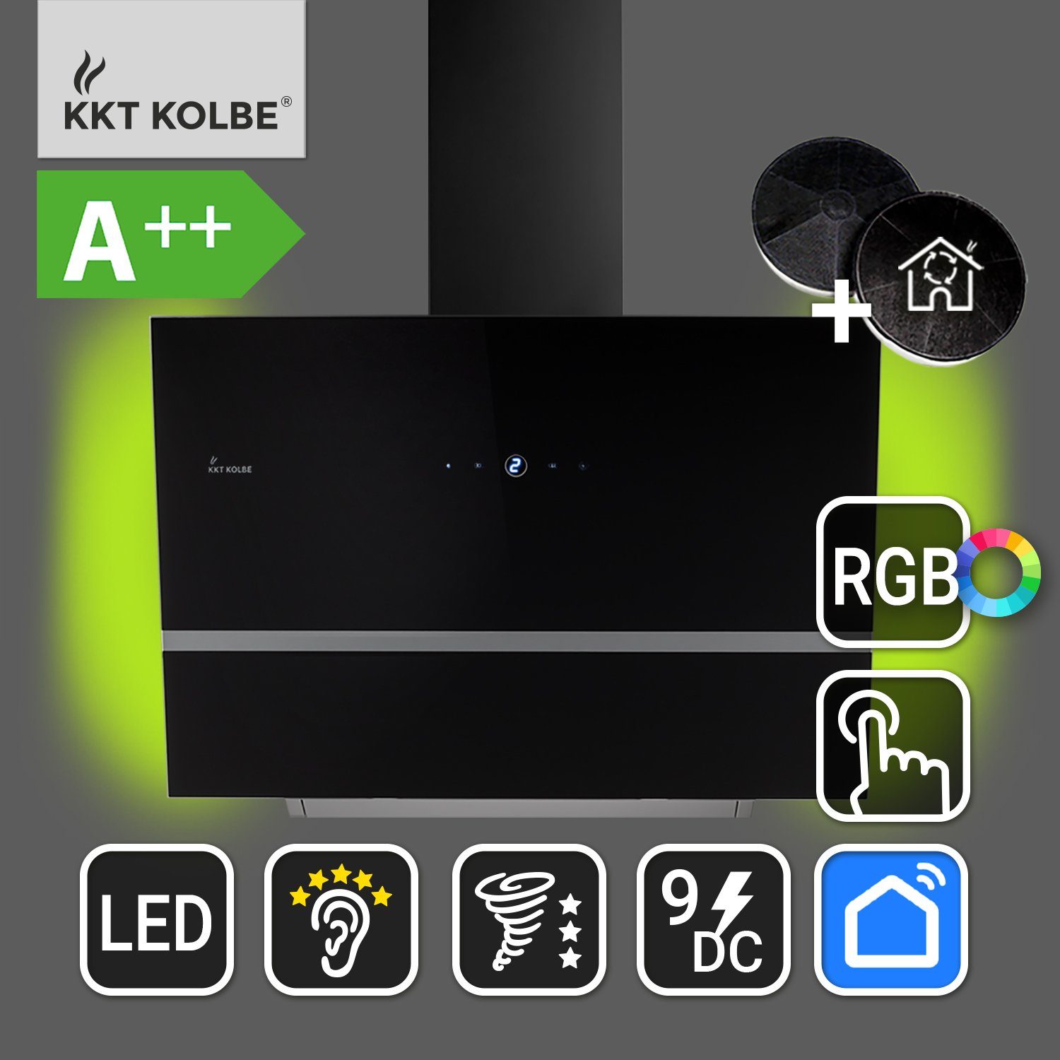 KKT KOLBE Wandhaube Dunstabzugshaube 60cm EASY609SHCM RGBW Ambientebeleuchtung, Kopffreihaube / 60cm / Smarte WiFi-App / Edelstahl / Glas / Leise