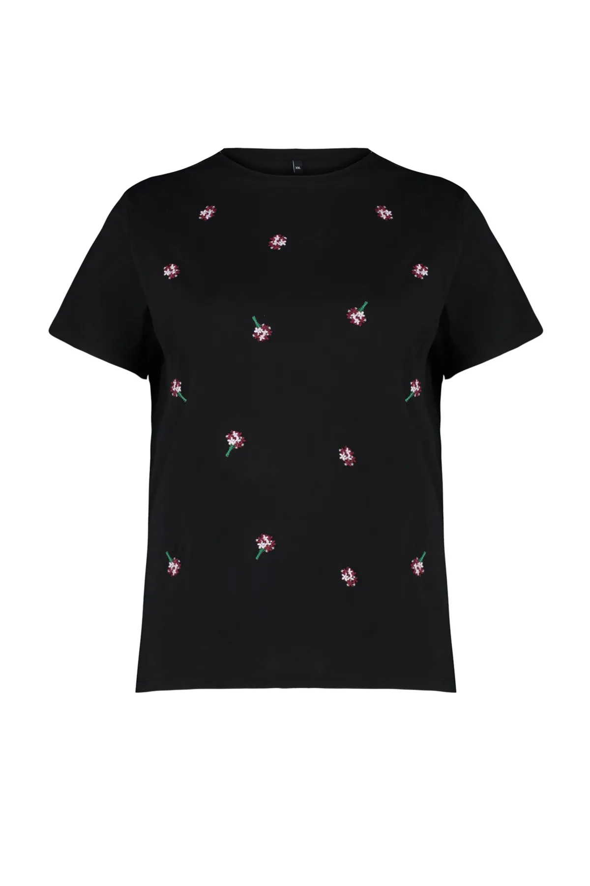 Trendyol Curve  Schwarzes Boyfriend-Strick-T-Shirt mit Stickerei und detaillierten Details TBBSS24BF00029
